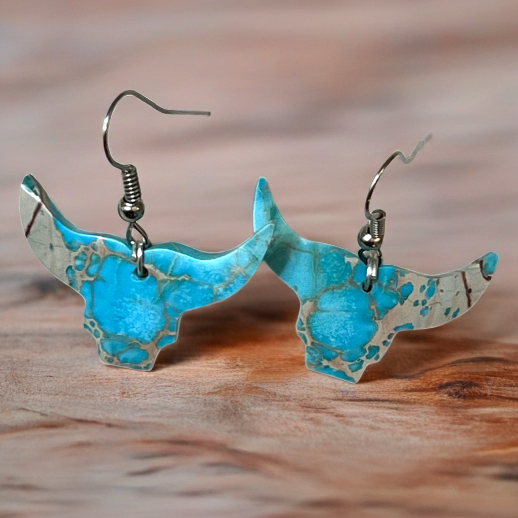 Handcrafted Turquoise Bull Head Sterling Silver Slab Earrings