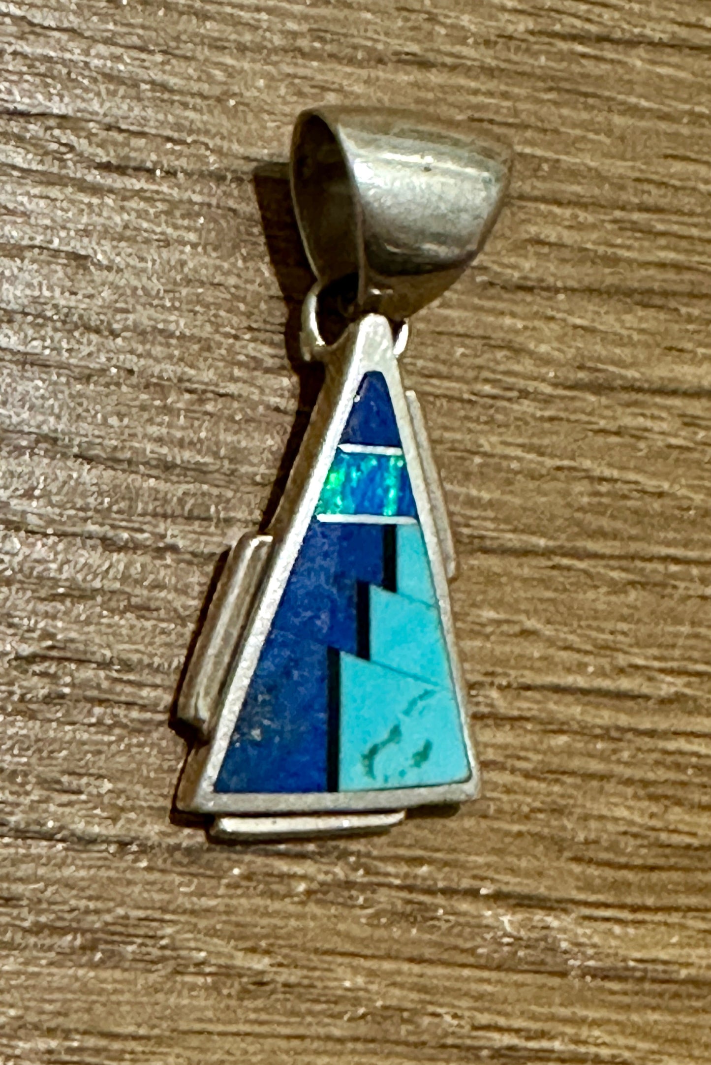 Handcrafted Lapis Turquoise Blue Opal Triangle Pendant 1.5”