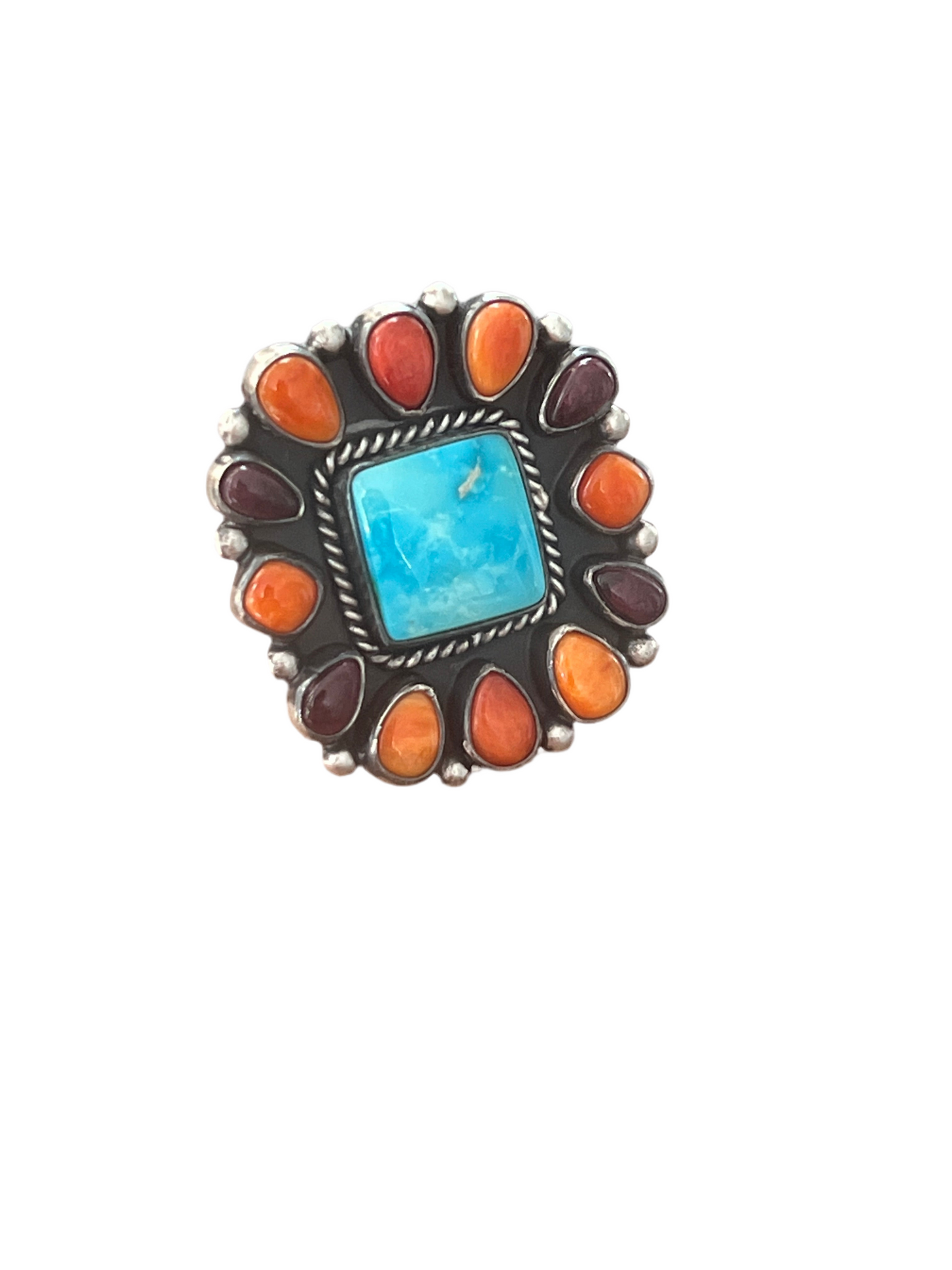 Handcrafted Electric Rainbow Turquoise and Spiny Oyster Ring by Angela Martin and Bernyse Chavez, Size 9