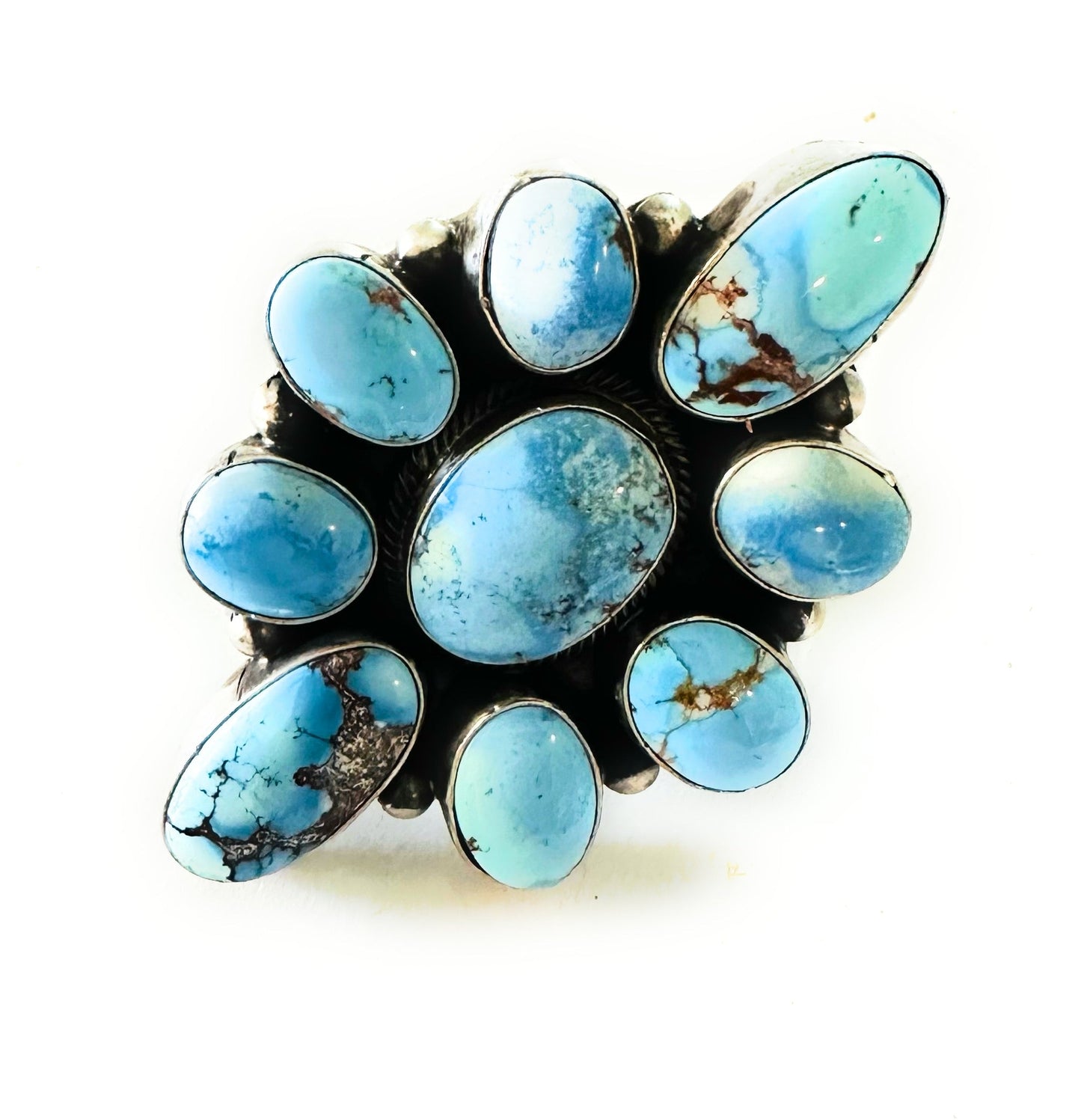 Handcrafted Golden Hills Turquoise & Sterling Silver Cluster Ring Size 9.5