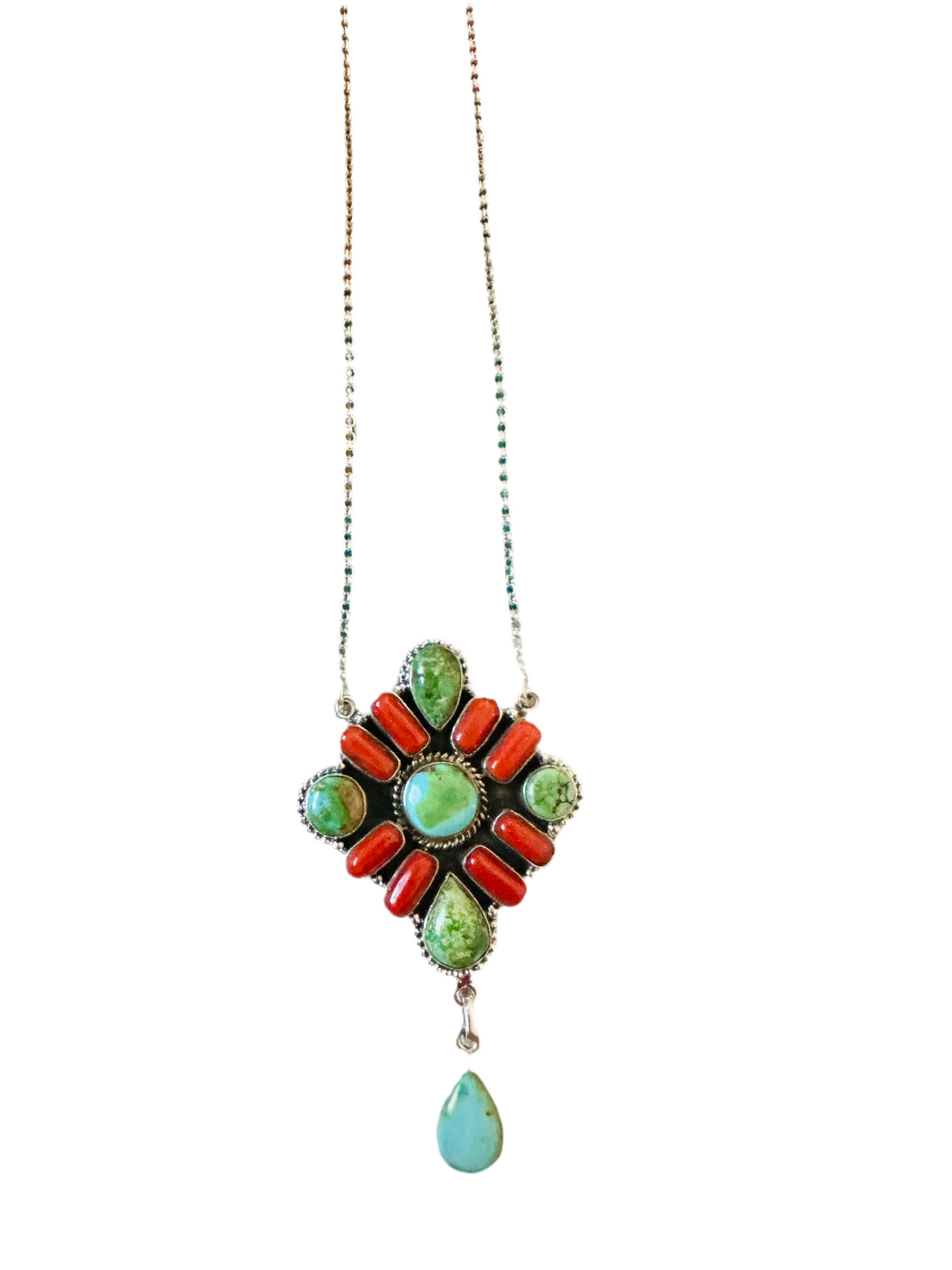 ** Christmas Collection ** Handmade Sterling Silver, Turquoise & Coral Necklace Signed Nizhoni