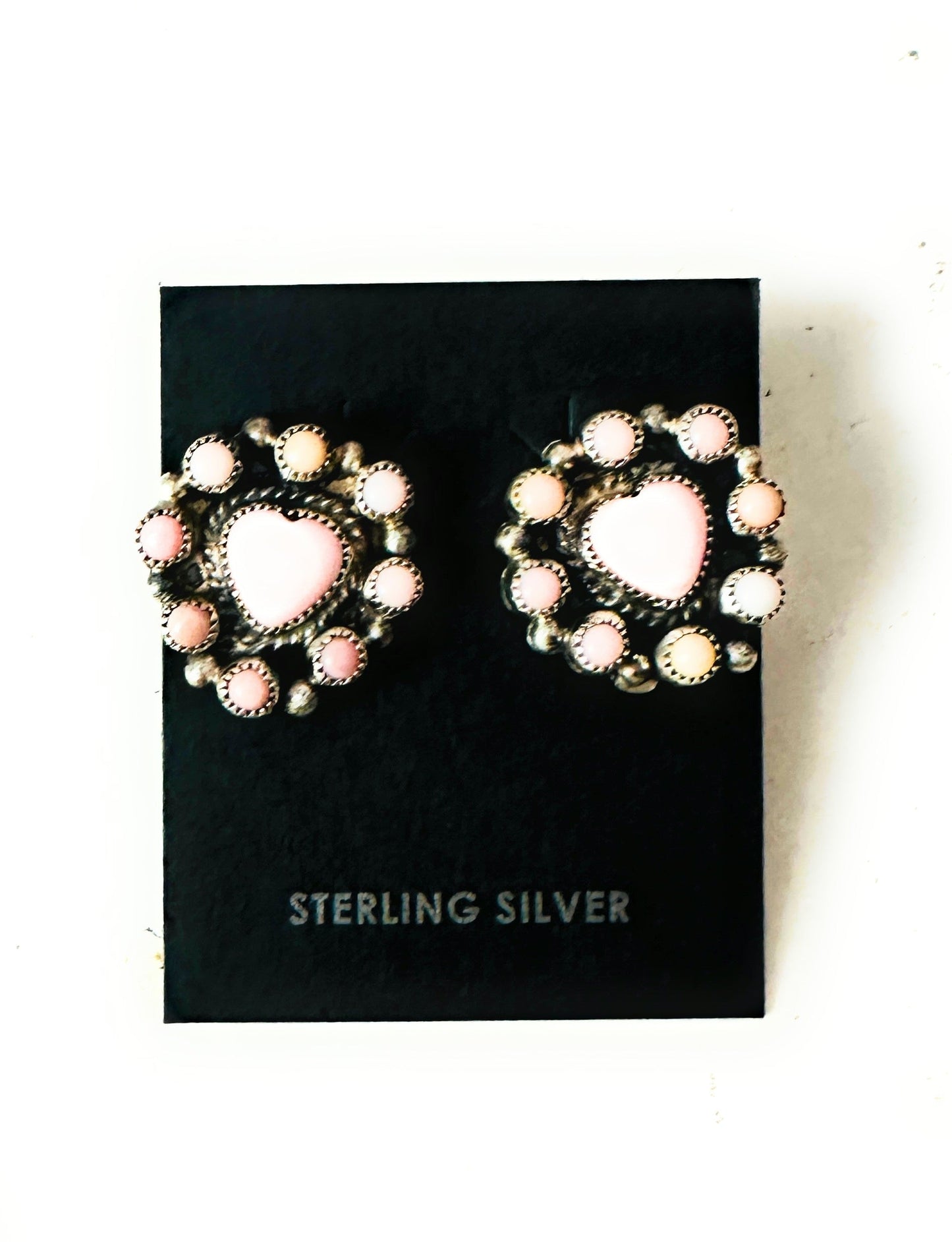Sterling Silver & Queen Pink Conch Cluster Heart Earrings