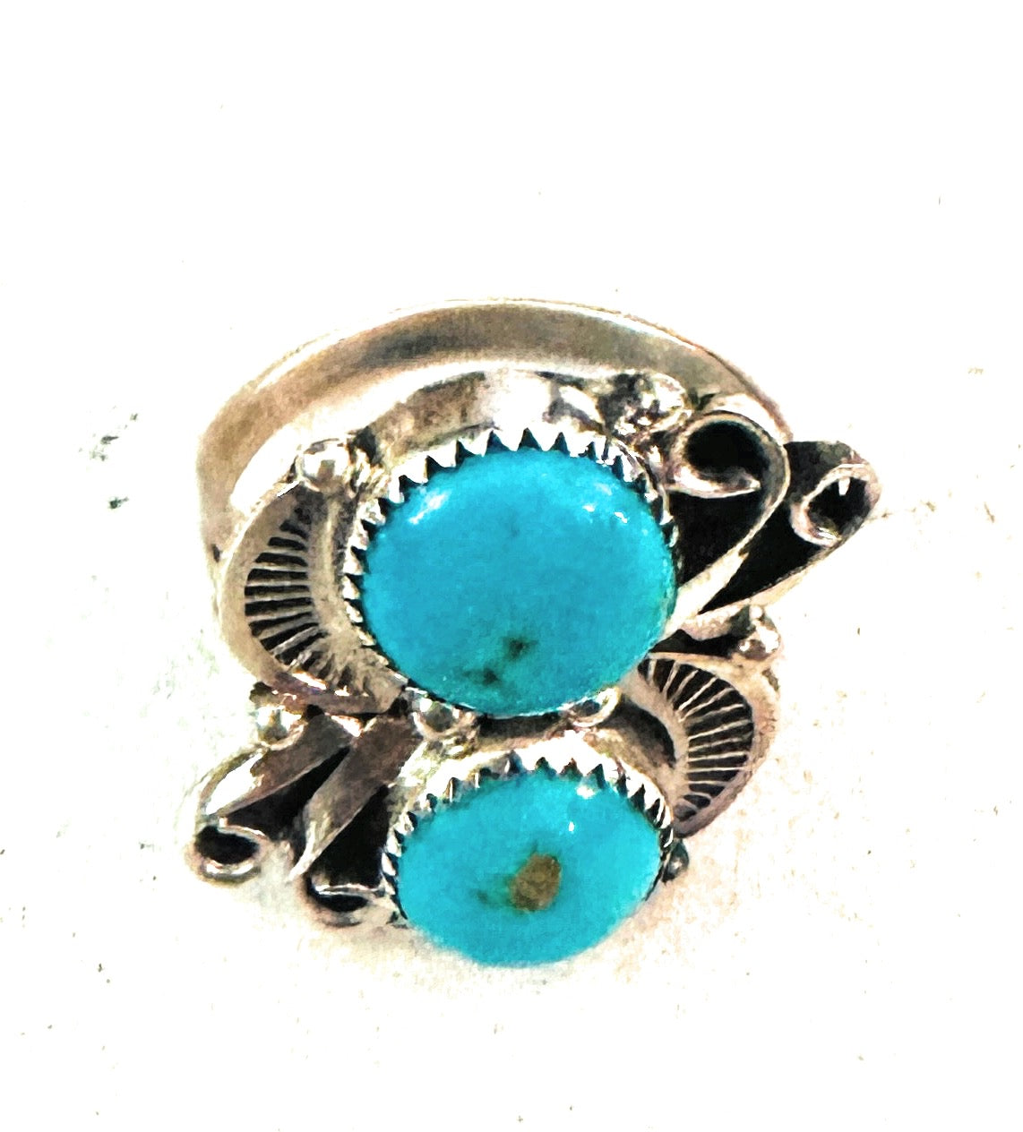 Handcrafted Turquoise & Sterling Silver Two Stone Ring Size 7.5