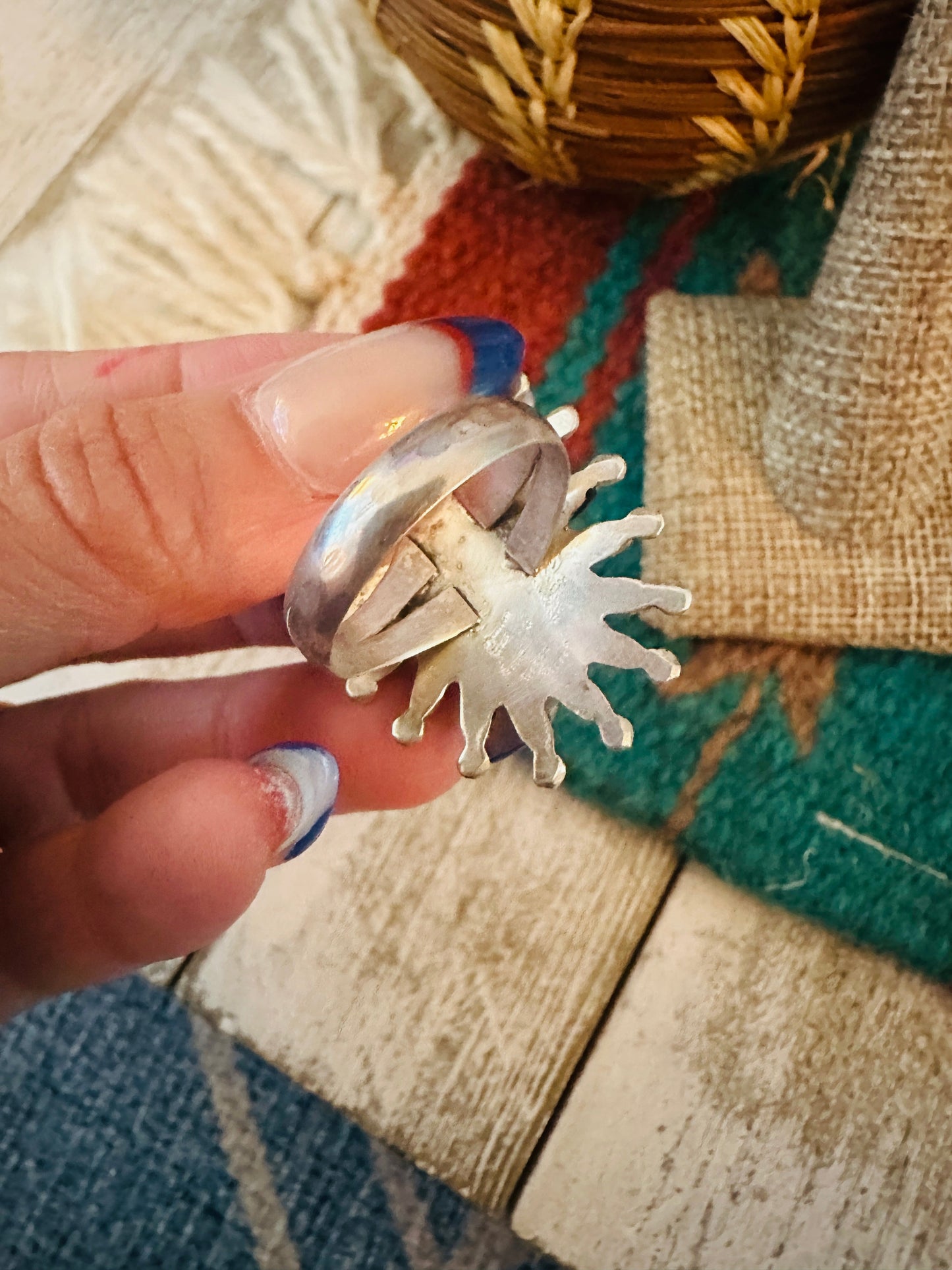 Handcrafted Sterling Silver & Turquoise Needlepoint Ring Size 9.5