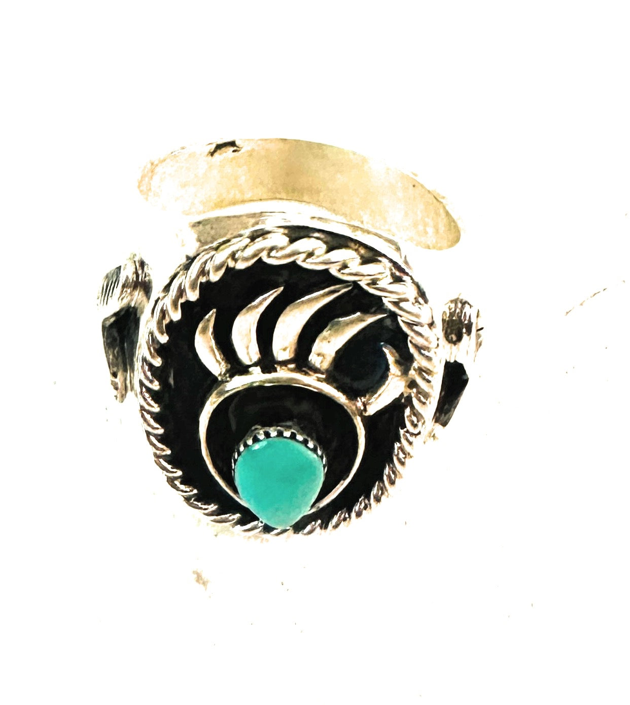 Handcrafted Turquoise & Sterling Silver Bear Paw Cigar Band Ring Size 11