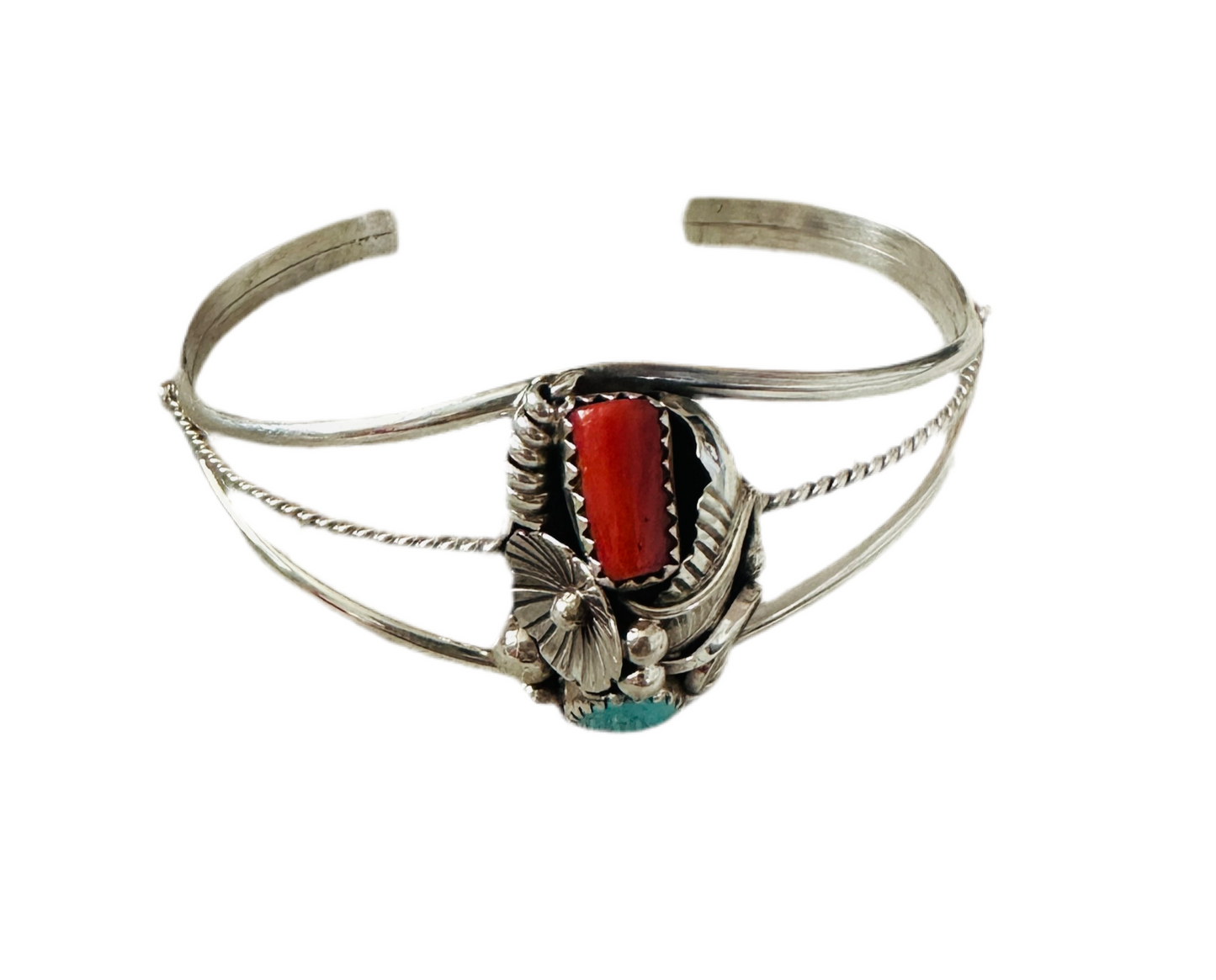 Handcrafted Turquoise, Coral & Sterling Silver Cuff Bracelet