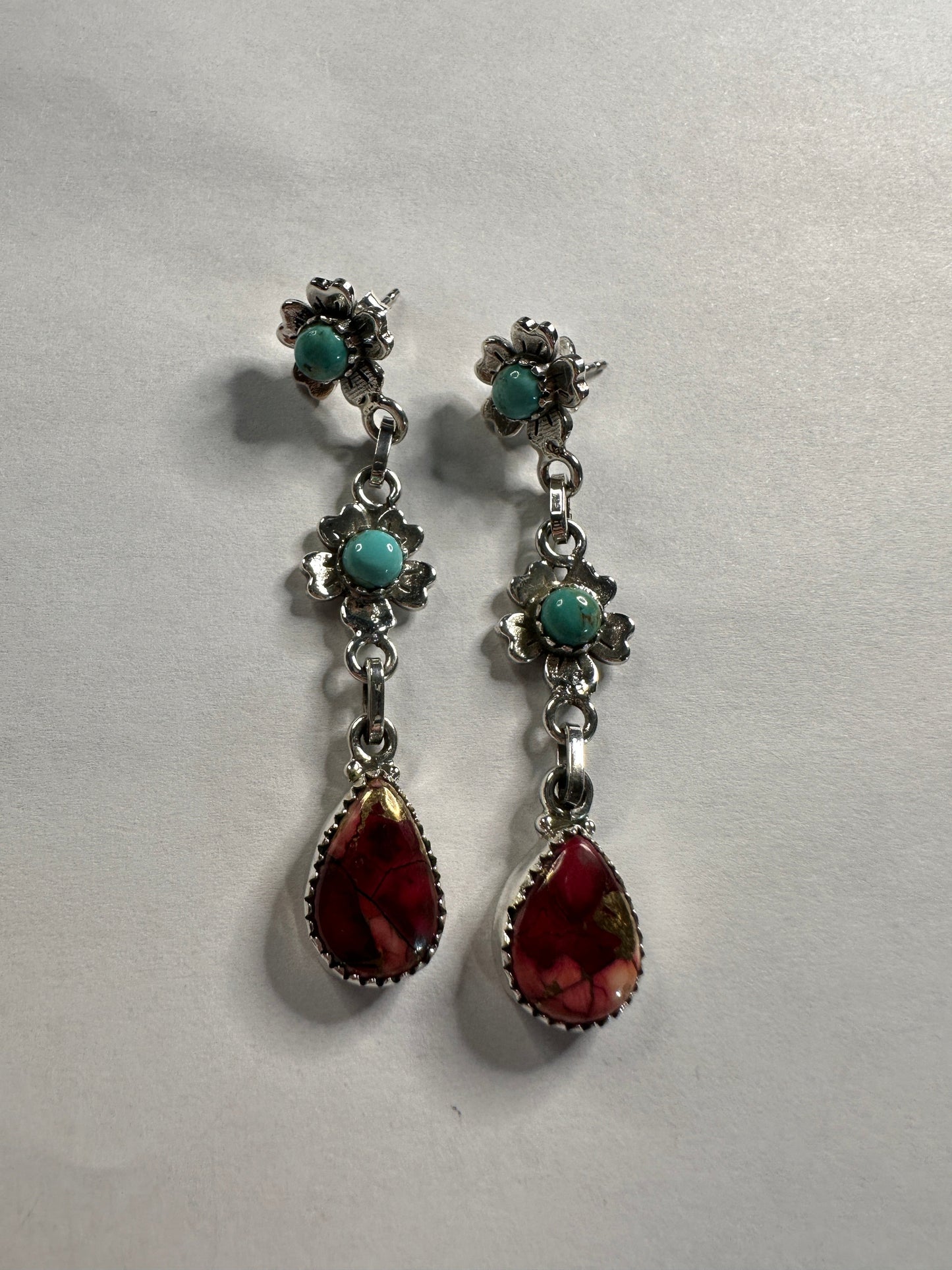 Dahlia Rose & Turquoise Handmade Sterling Silver Flower Dangles