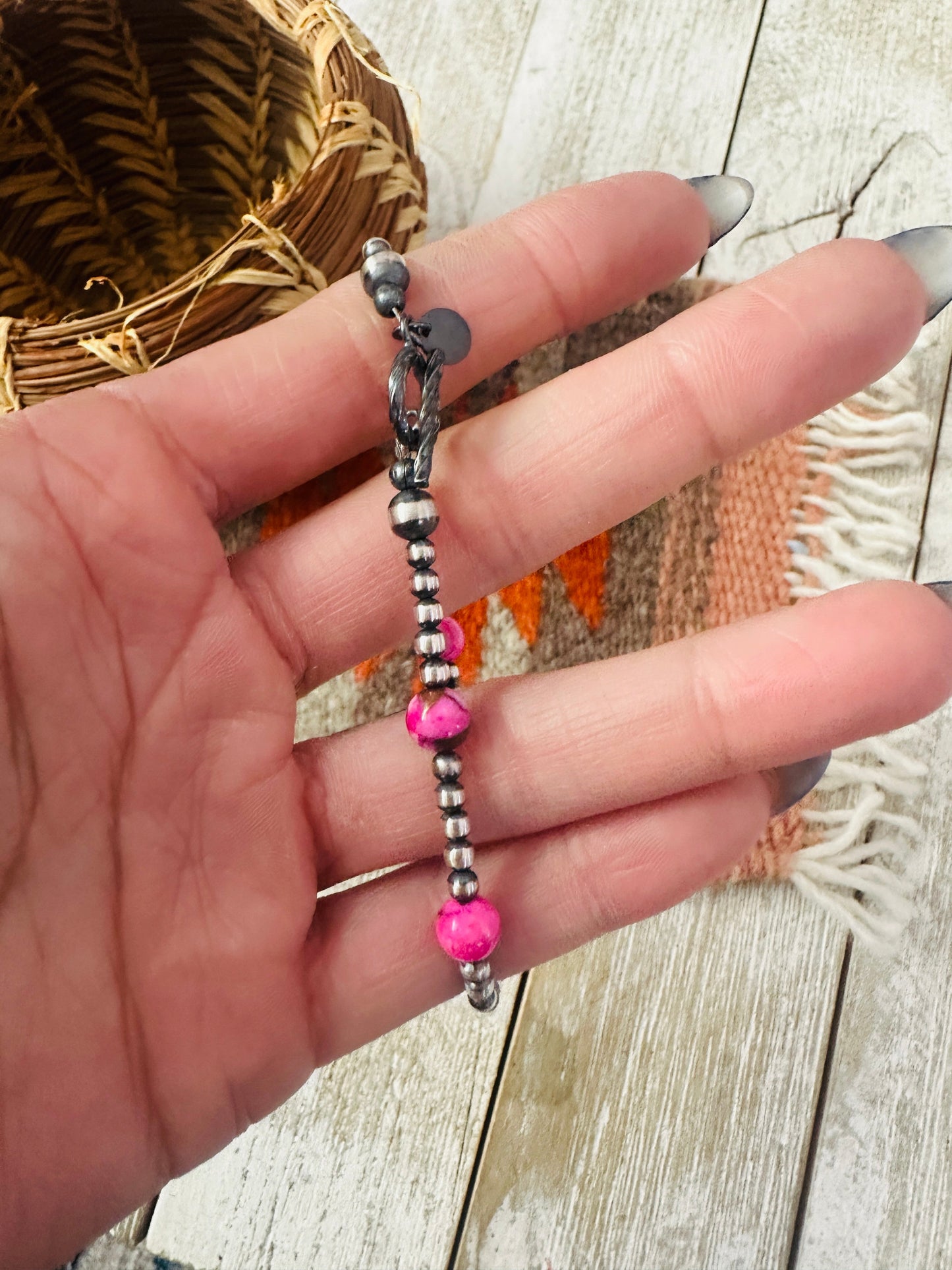 Handcrafted Pink Mojave and Sterling Silver Pearl Beaded Bracelet