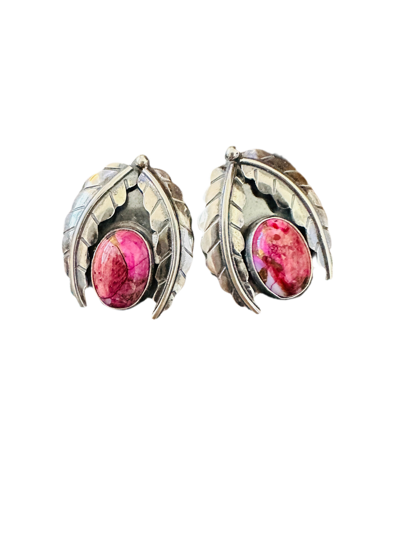 Handcrafted Pink Mojave & Sterling Silver Leaf Post Earrings
