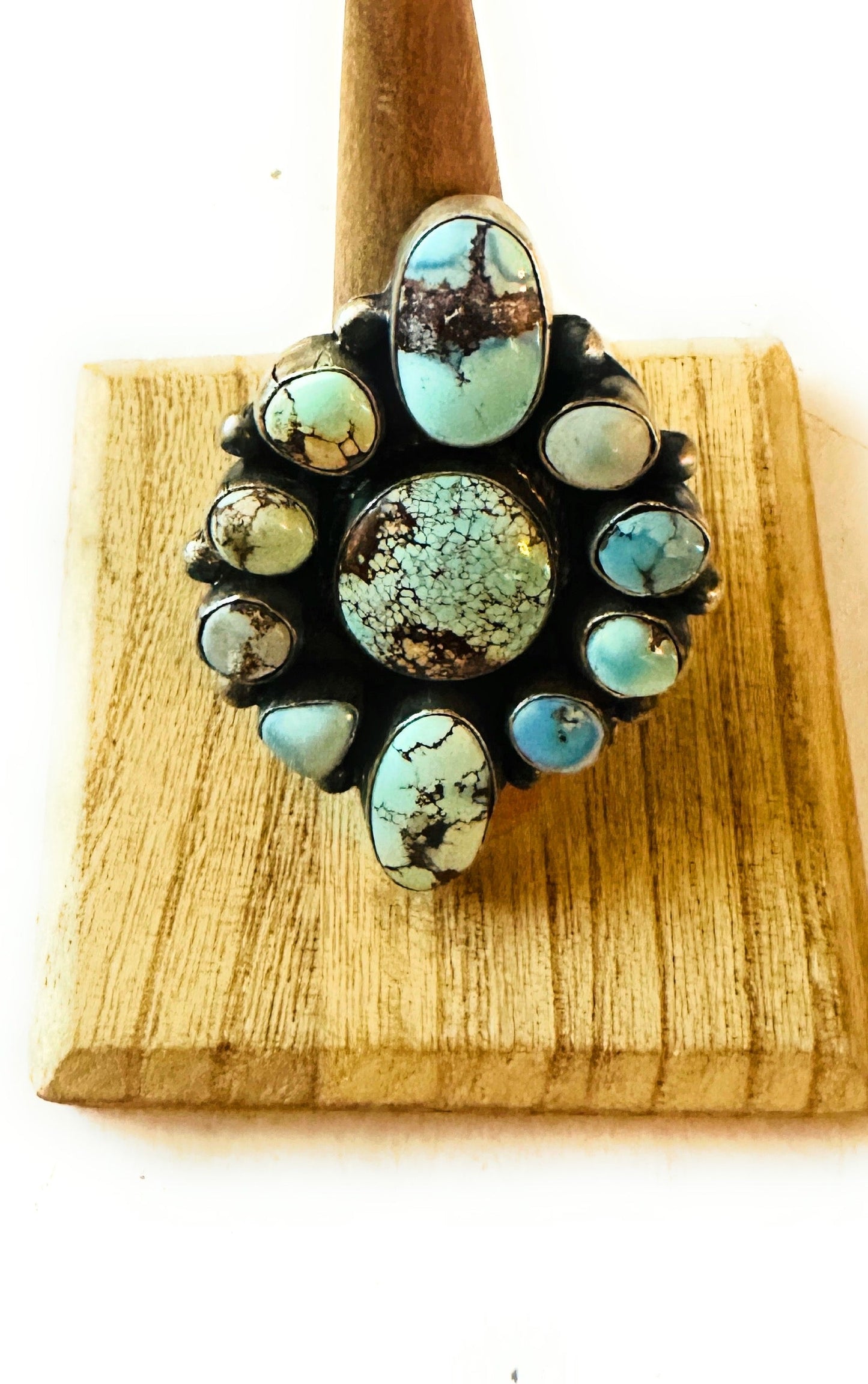 Handcrafted Golden Hills Turquoise & Sterling Silver Cluster Ring Size 7