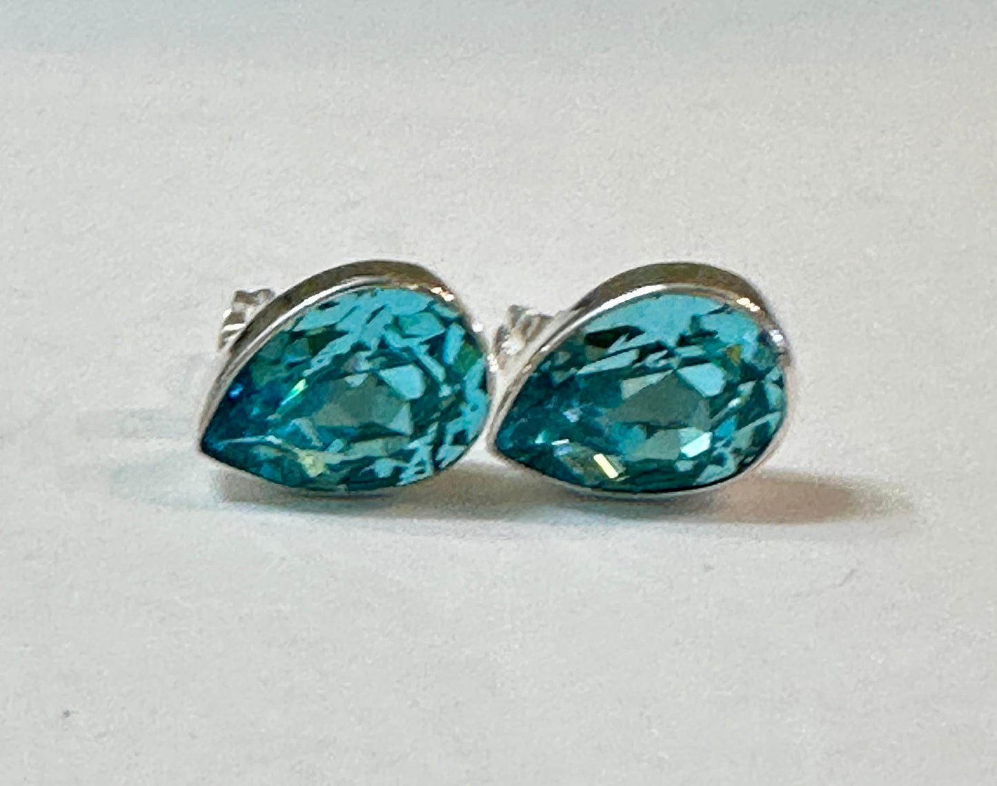 Aquamarine Blue Crystal Teardrop Sterling Silver Earrings