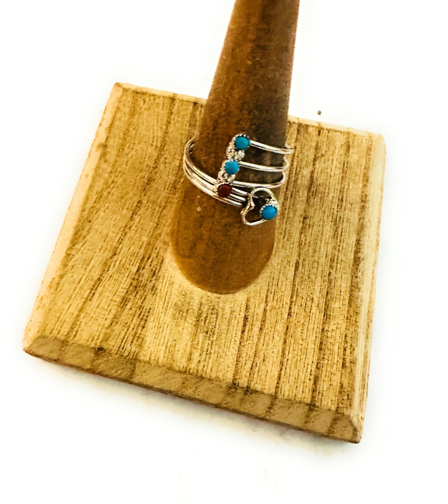 Handcrafted Turquoise, Coral & Sterling Silver Heart Adjustable Ring