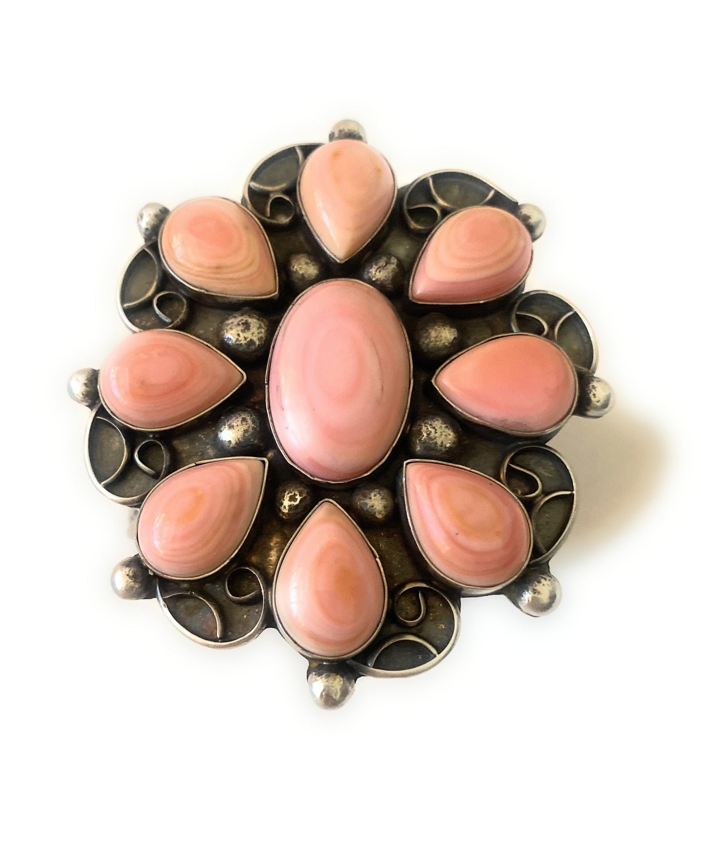 Handcrafted Queen Pink Conch Shell & Sterling Silver Cluster Cuff Bracelet Signed /