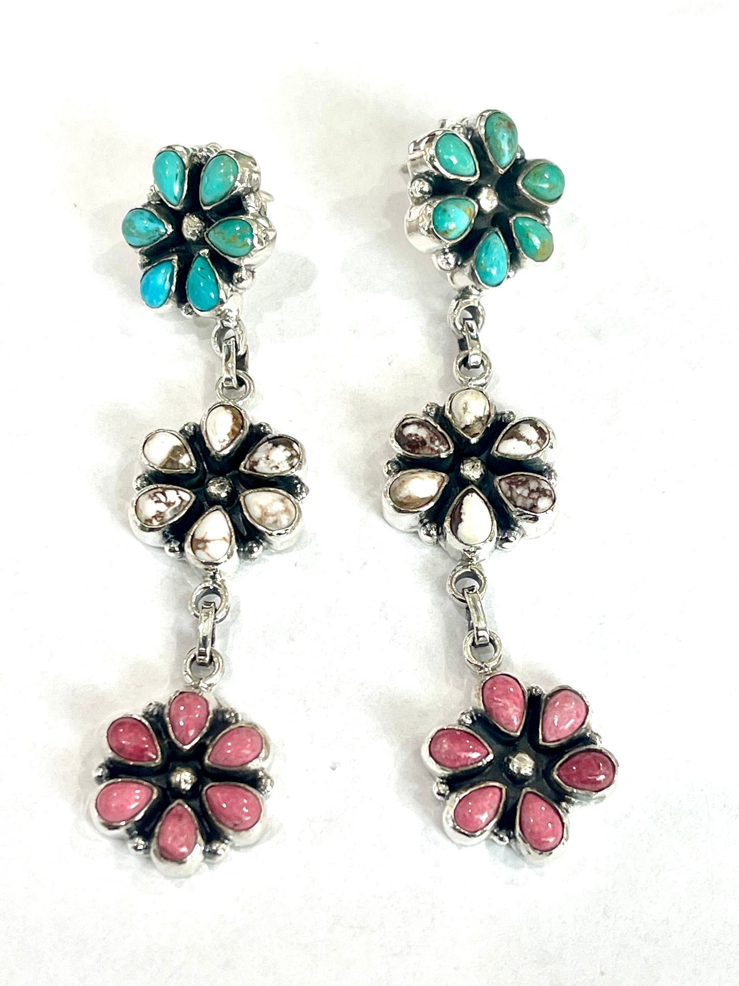 Handmade Sterling Silver, Turquoise & Multi Stone Post Dangle Cluster Earrings