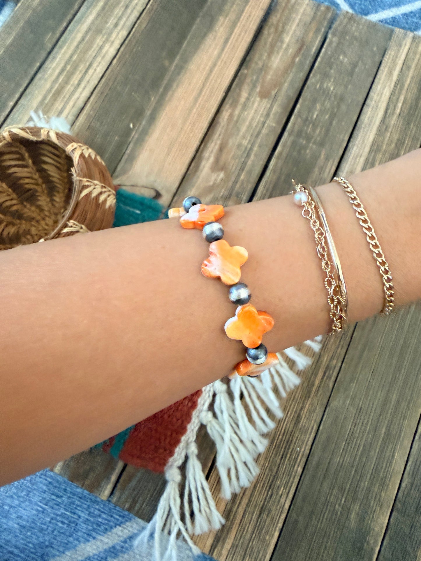 Handcrafted Spiny Oyster & Sterling Silver Pearl Cross Beaded Stretch Bracelet