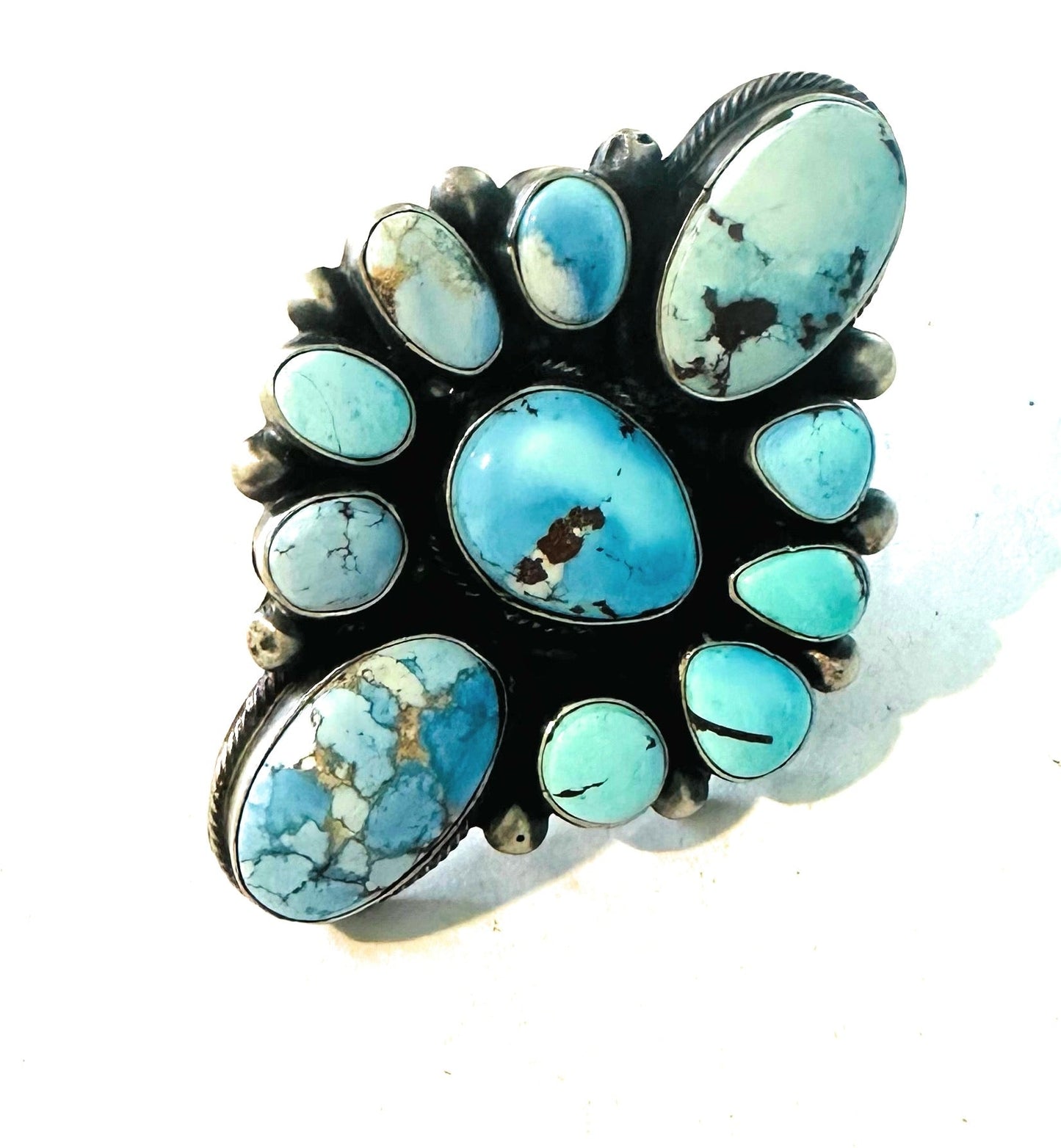 Handcrafted Golden Hills Turquoise & Sterling Silver Cluster Ring Size 7