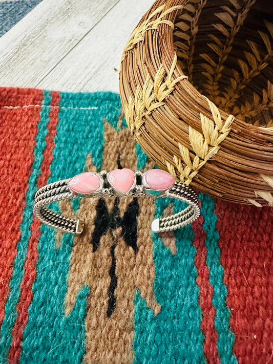 Handcrafted Queen Pink Conch Shell & Sterling Silver Heart Cuff Bracelet