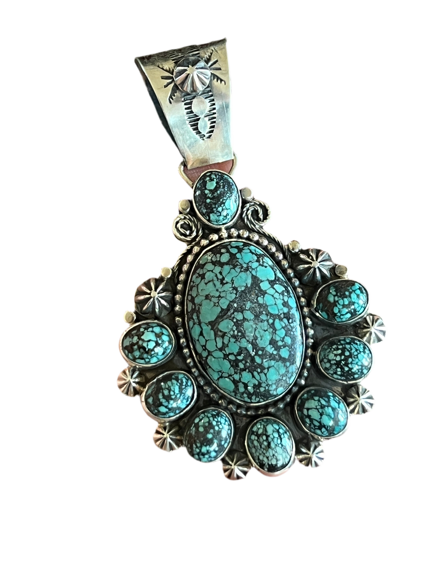 Apache Made Sterling Silver and Hubei Turquoise Cluster Pendant by Rosella Paxson