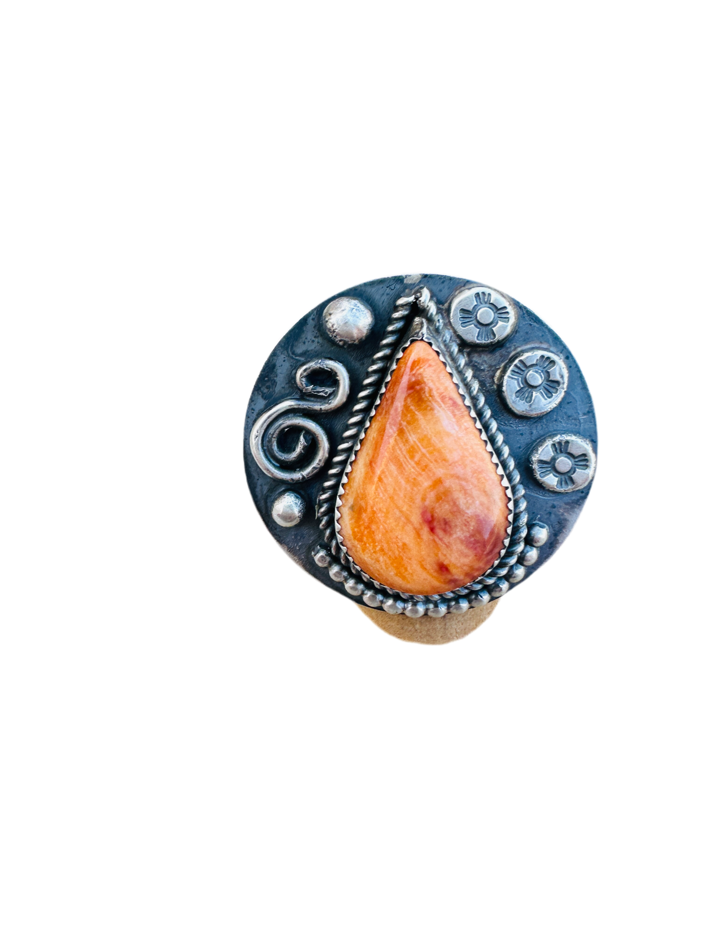 Old Pawn Handcrafted Sterling Silver & Orange Spiny Ring Size 8