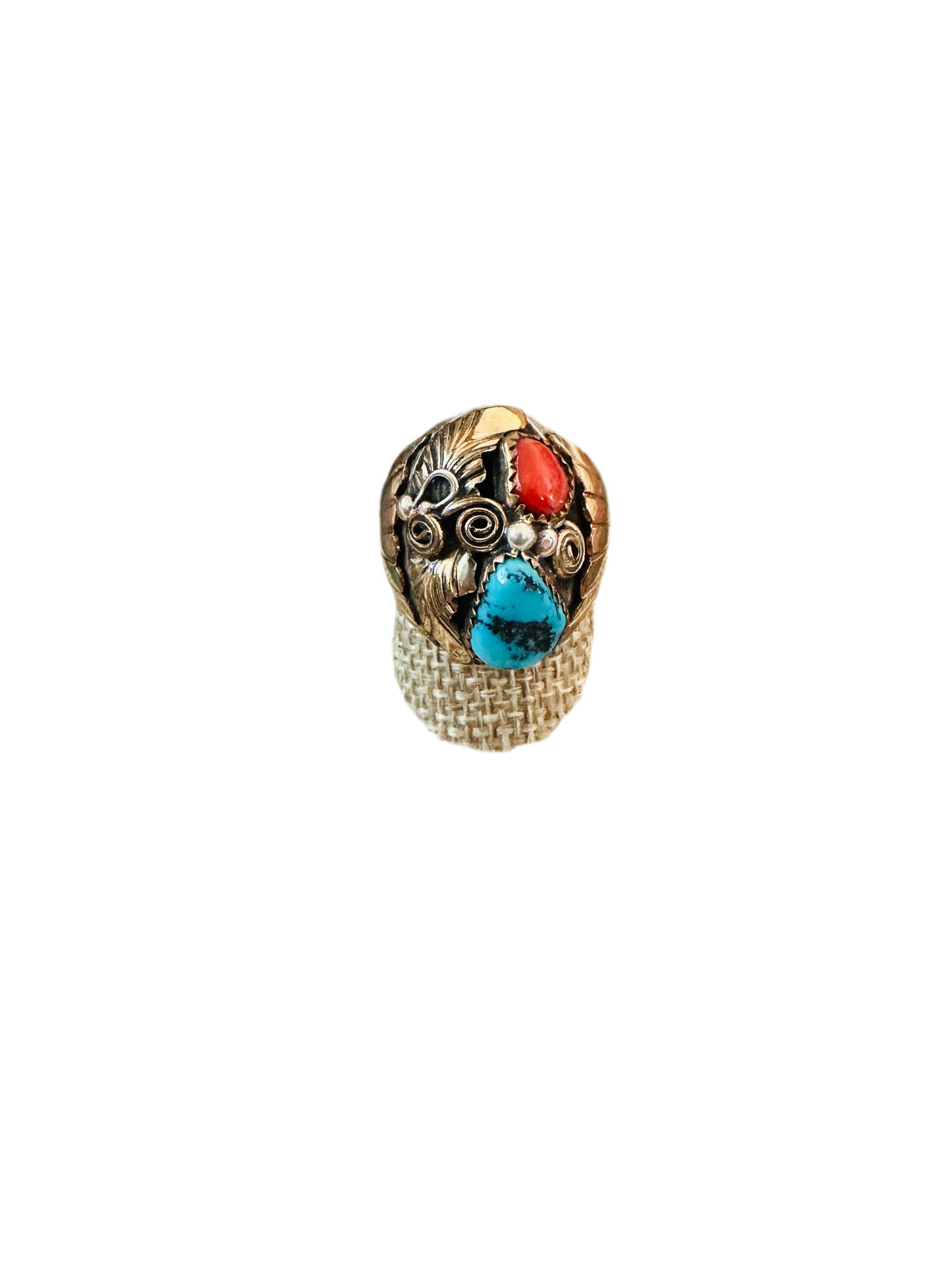 Handcrafted Old Pawn Sterling Silver with Gold Overlay, Turquoise & Coral Ring Size 10.75