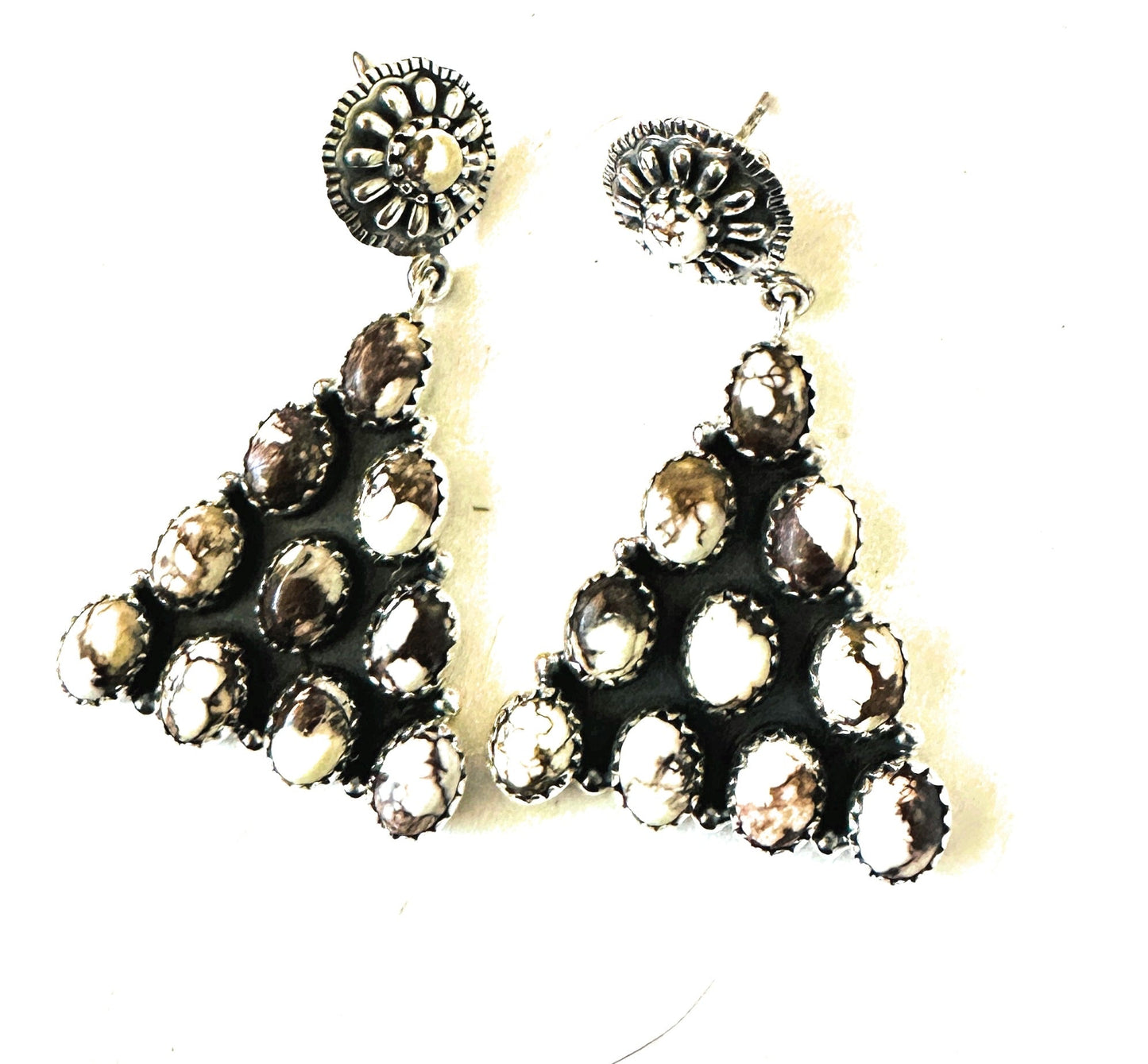 Handmade Wild Horse & Sterling Silver Triangle Dangle Earrings Signed Nizhoni