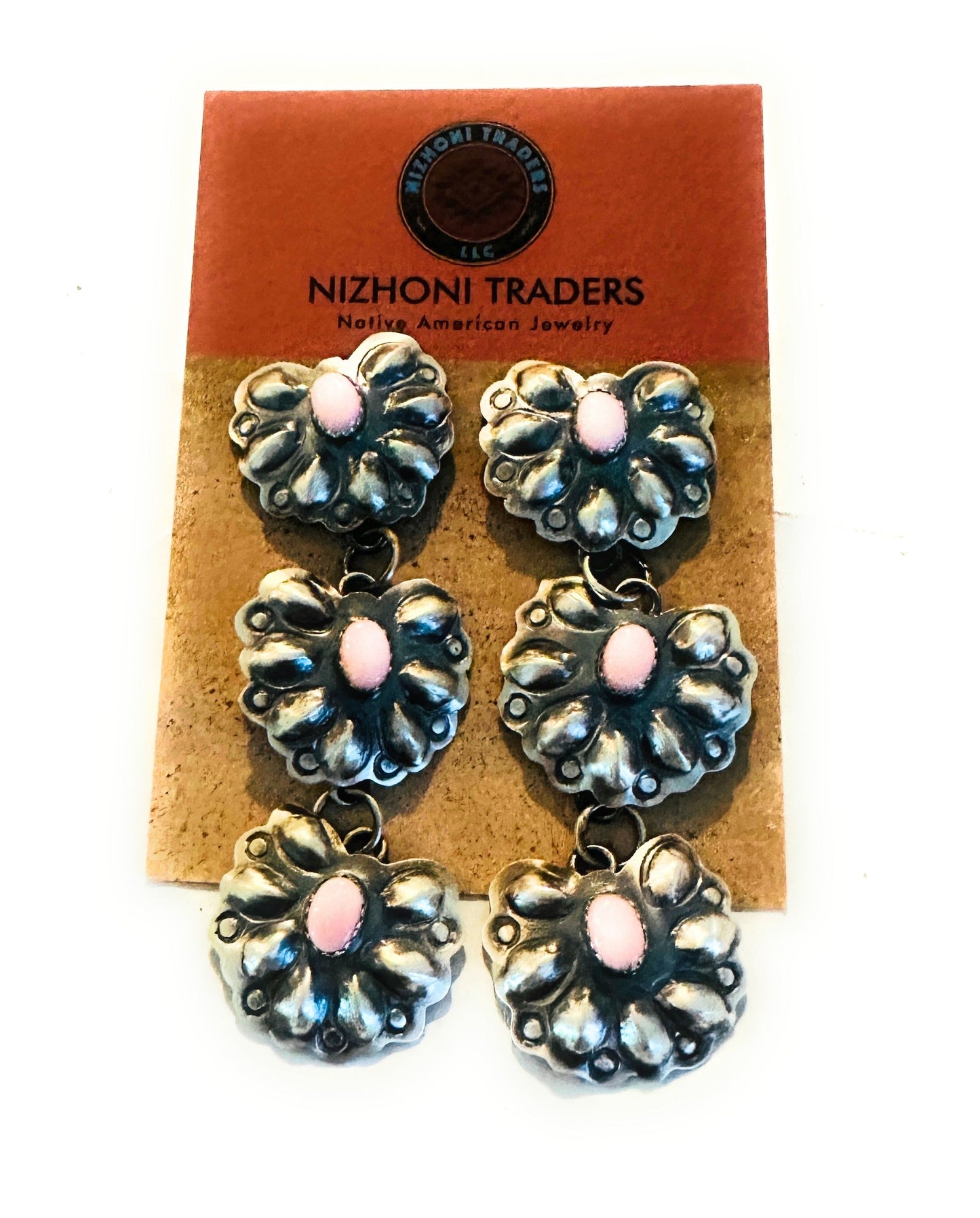 Navajo Queen Pink Conch & Sterling Silver Concho Dangle Earrings