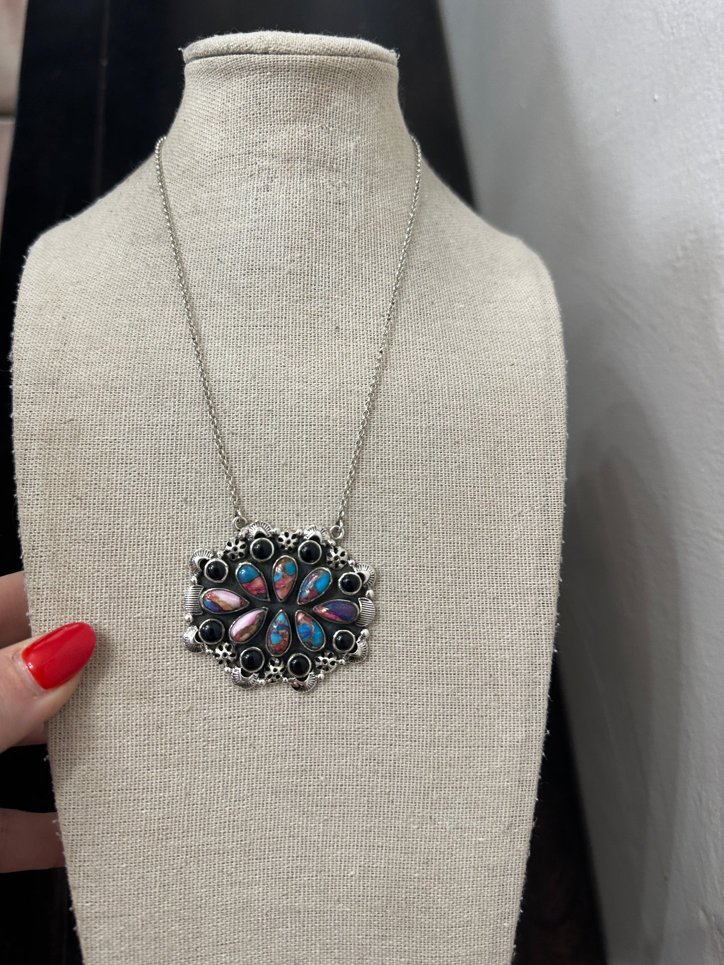 Beautiful Handmade Sterling Silver, Pink Dream Mojave & Onyx Cluster Necklace
