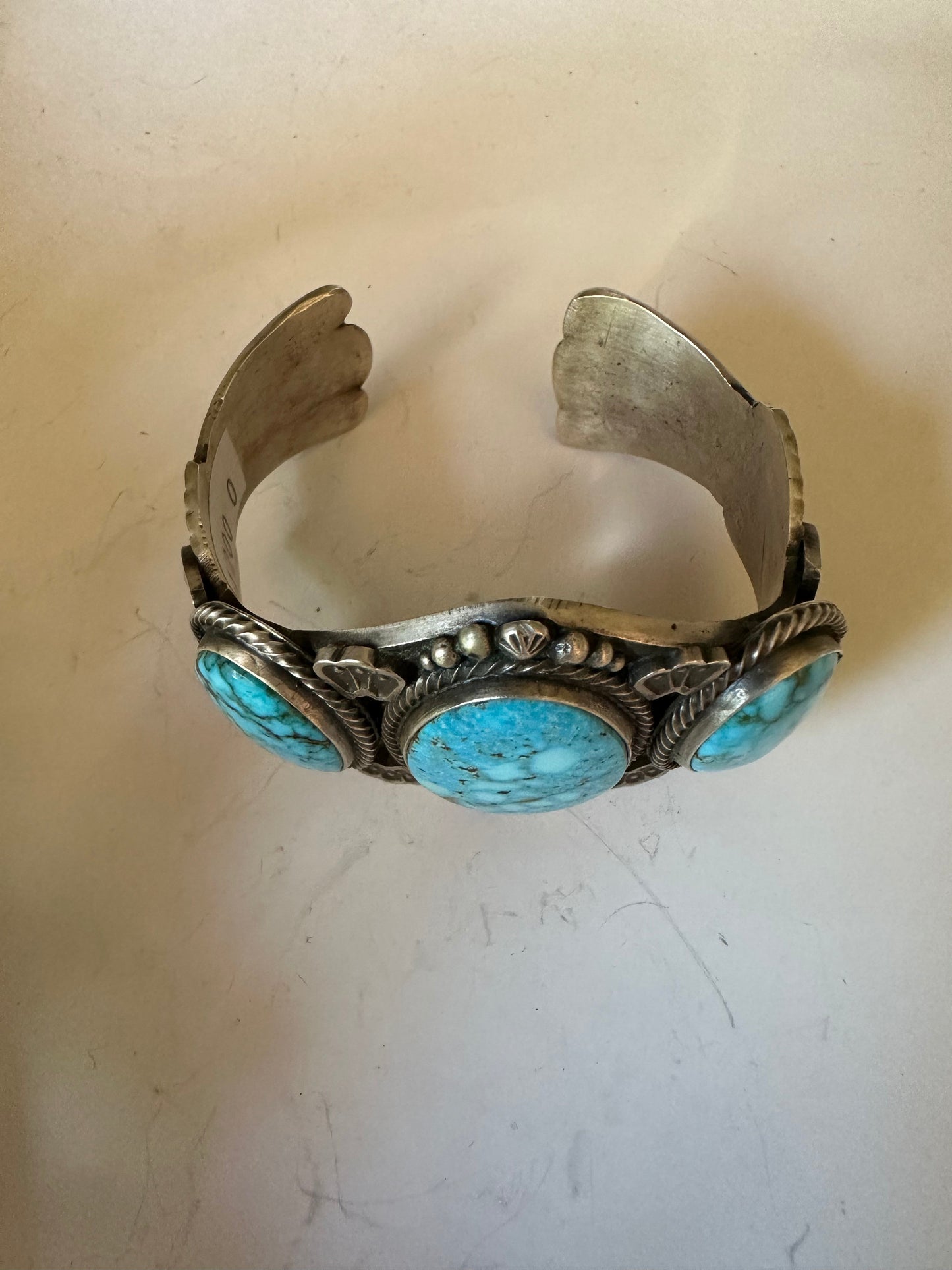 Handcrafted Kingman Turquoise & Sterling Silver 3 Stone Cuff Bracelet Signed S.Tso /