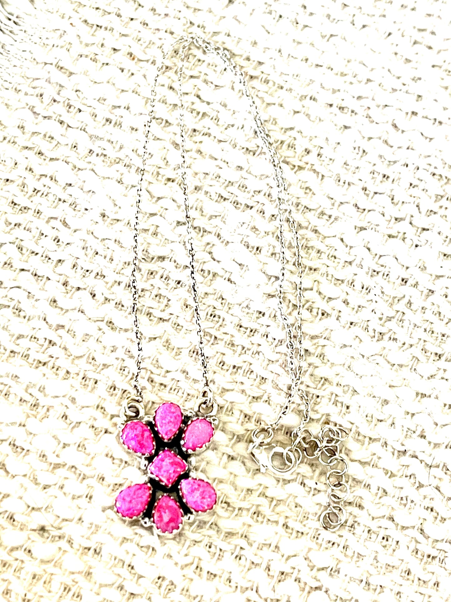 Handcrafted Sterling Silver & Hot Pink Fire Opal Cluster Necklace