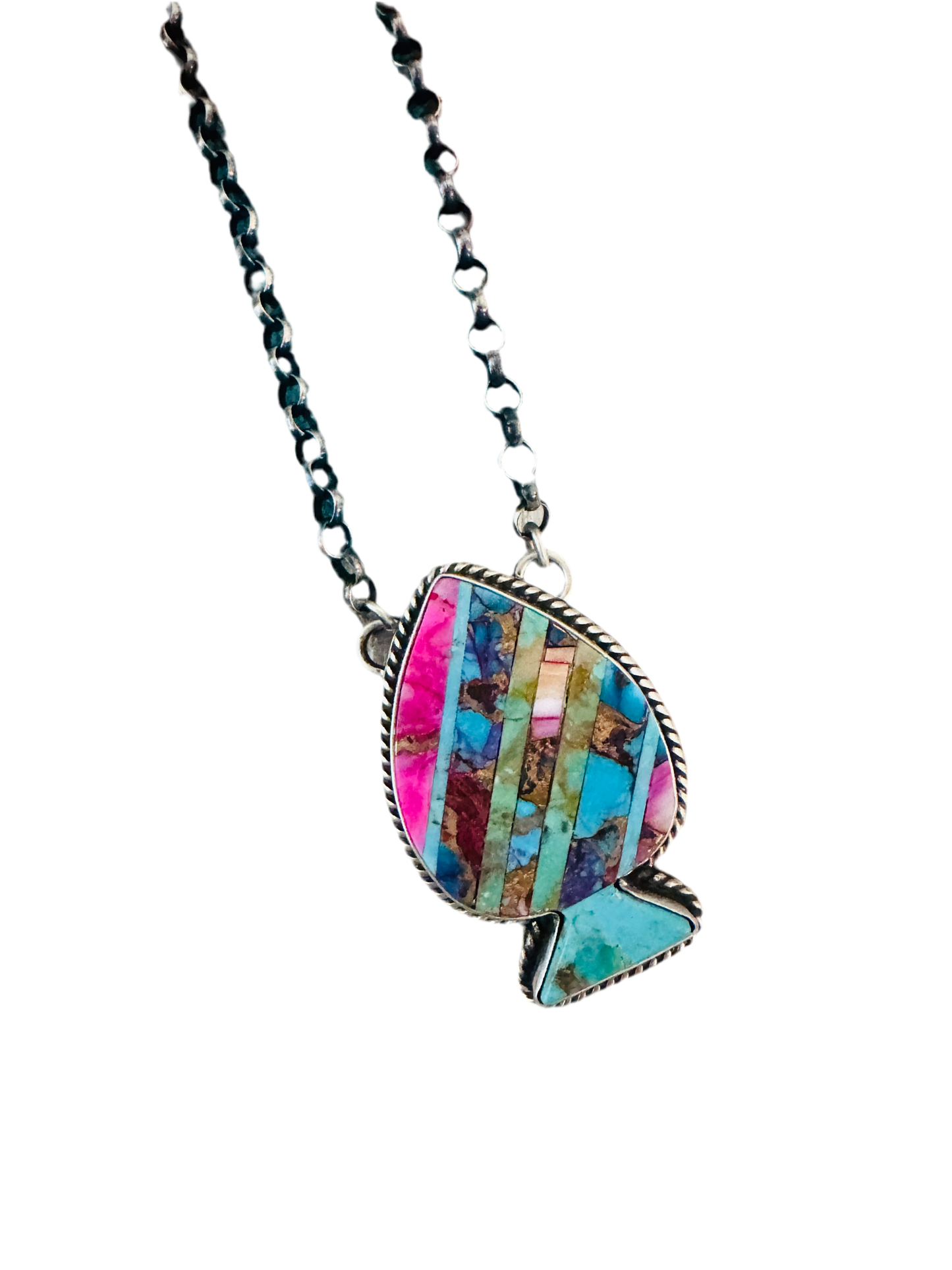 Handcrafted Sterling Silver & Multi Stone Inlay Spade Necklace