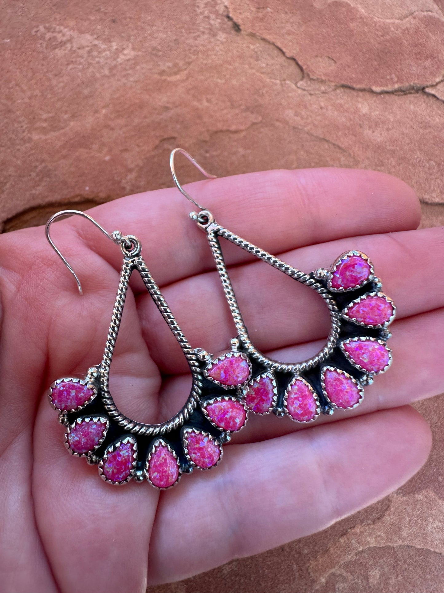 Handmade Sterling Silver & Hot Pink Fire Opal Dangle Earrings