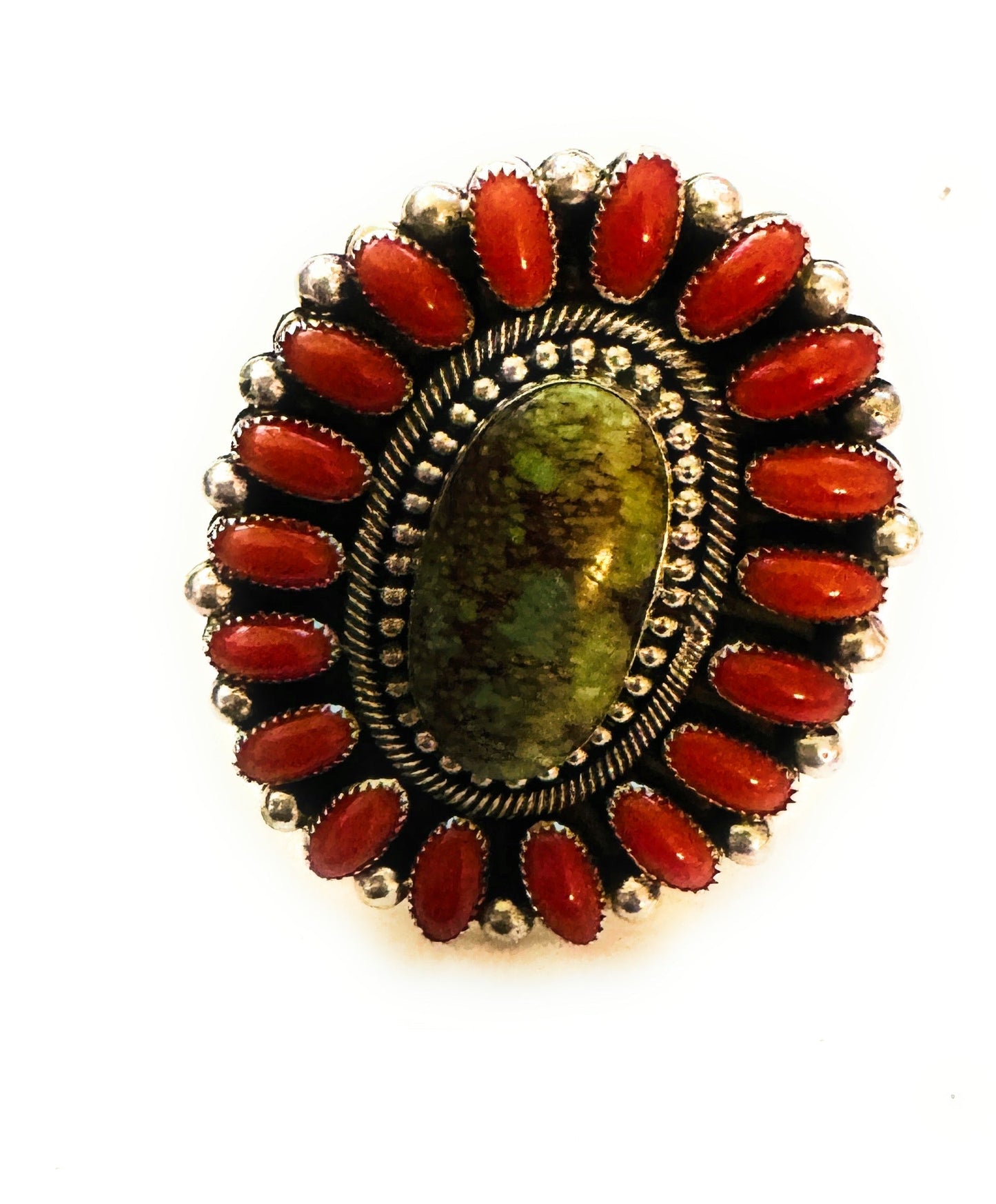 Handcrafted Kingman Turquoise, Coral & Sterling Silver Adjustable Ring by Hemerson Brown