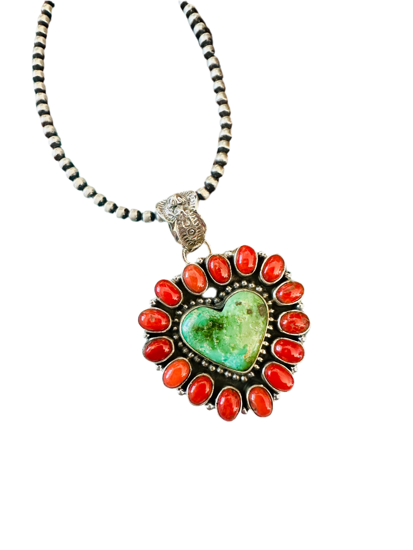 ** Christmas Collection ** Handmade Sterling Silver, Coral & Turquoise Heart Pendant Signed Nizhoni