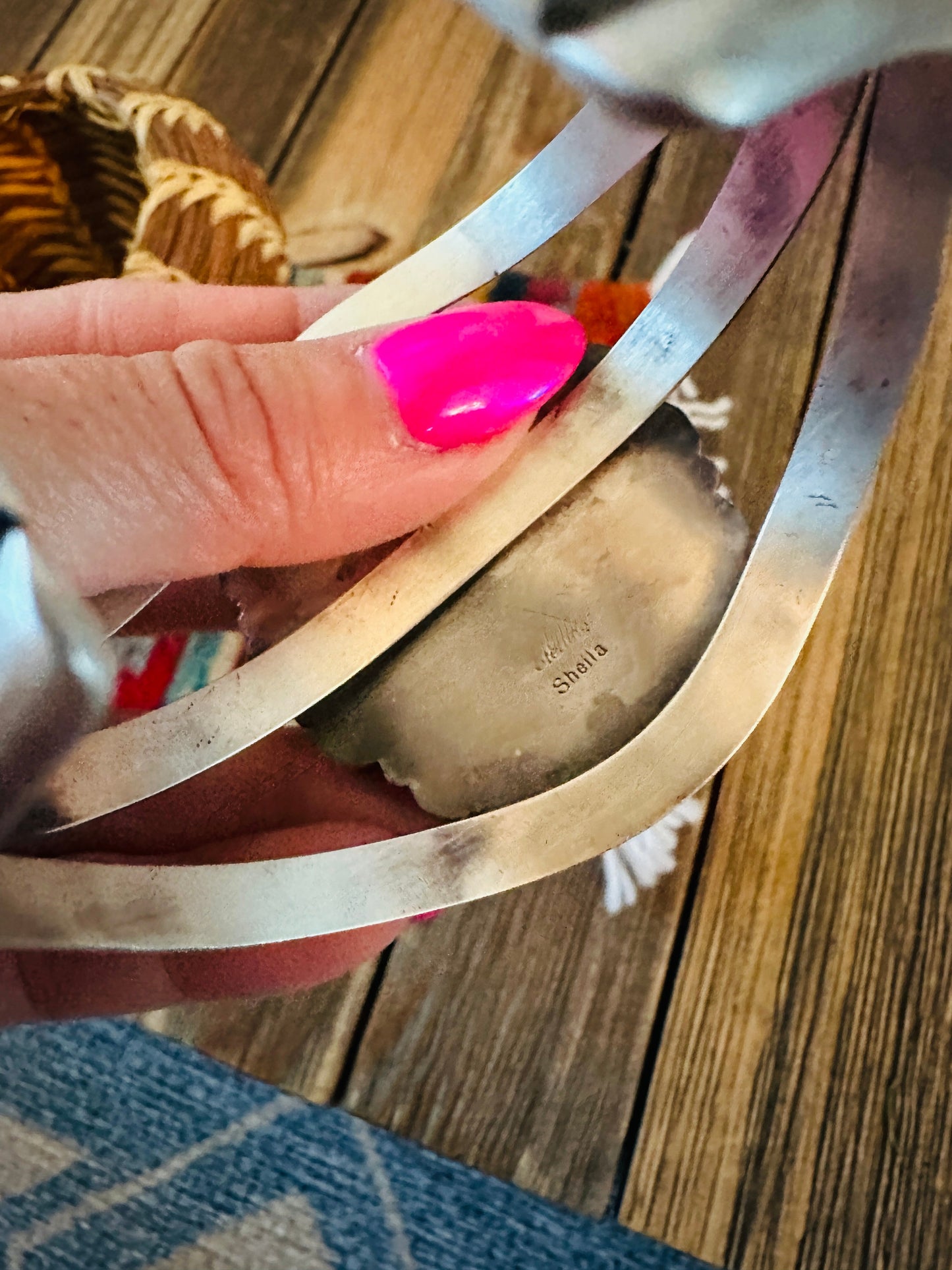 Handcrafted Dry Creek Turquoise, Orange Spiny & Sterling Silver Cuff Bracelet by Sheila Becenti