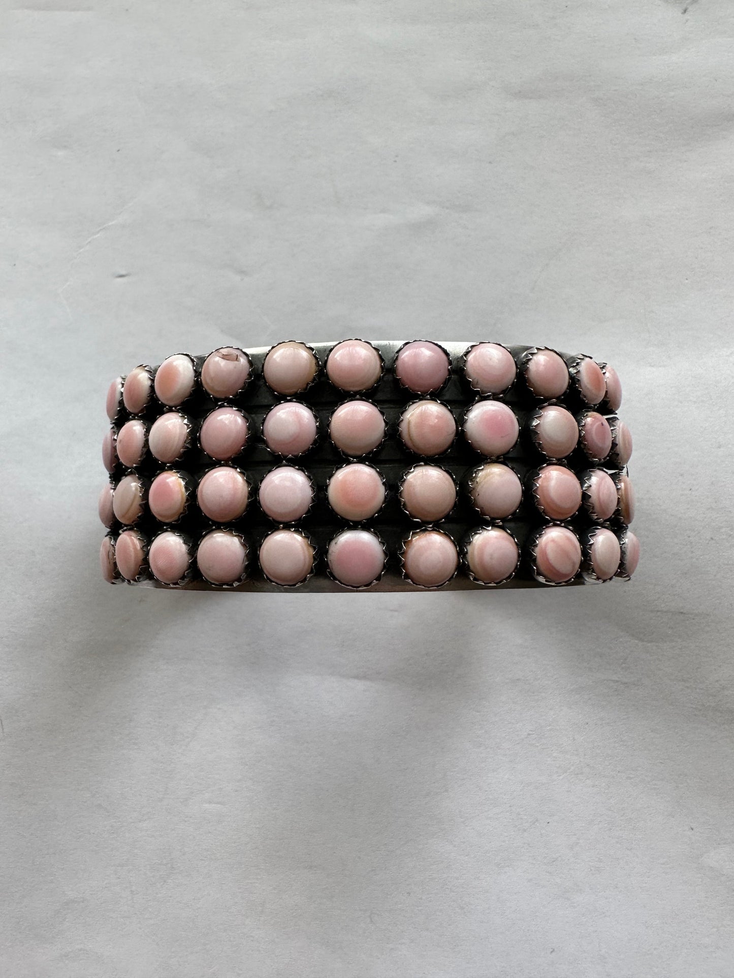 Navajo Pink Conch & Sterling Silver 4 Row Cuff Bracelet Signed L James