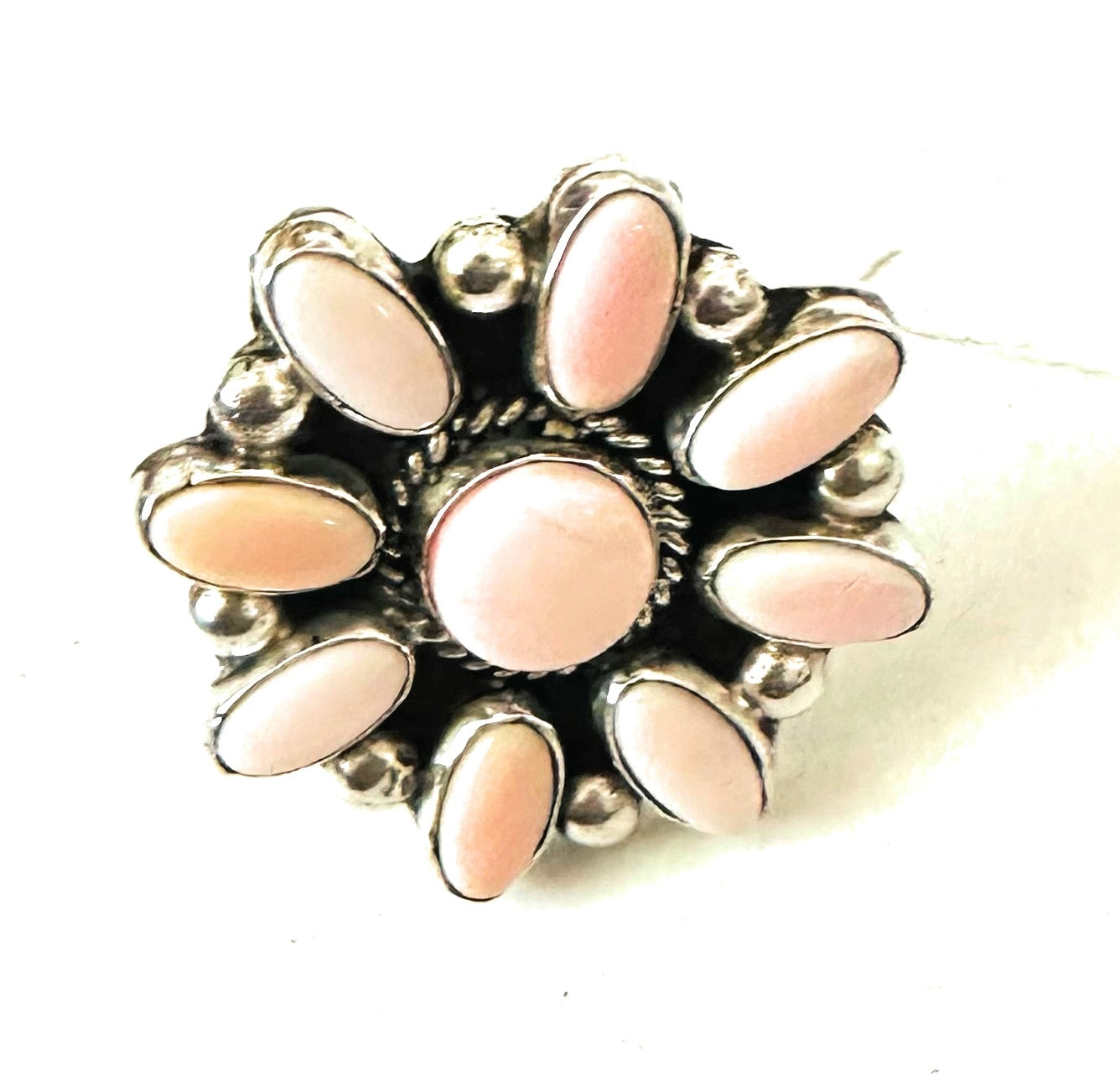 Navajo Sterling Silver and Queen Pink Conch Shell Adjustable Flower Ring