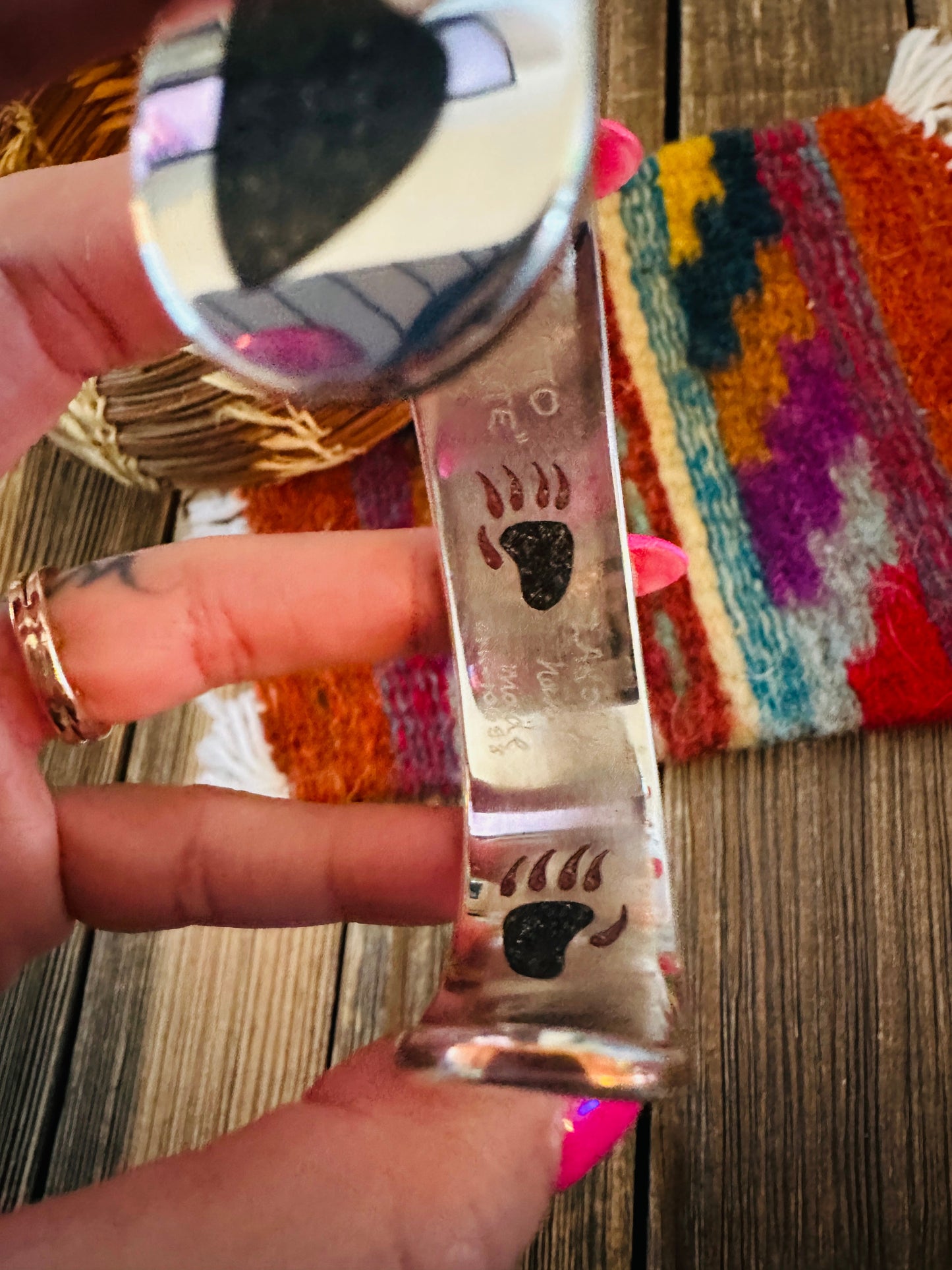 Handcrafted Sterling Silver & Multi Stone Inlay Bear Cuff Bracelet