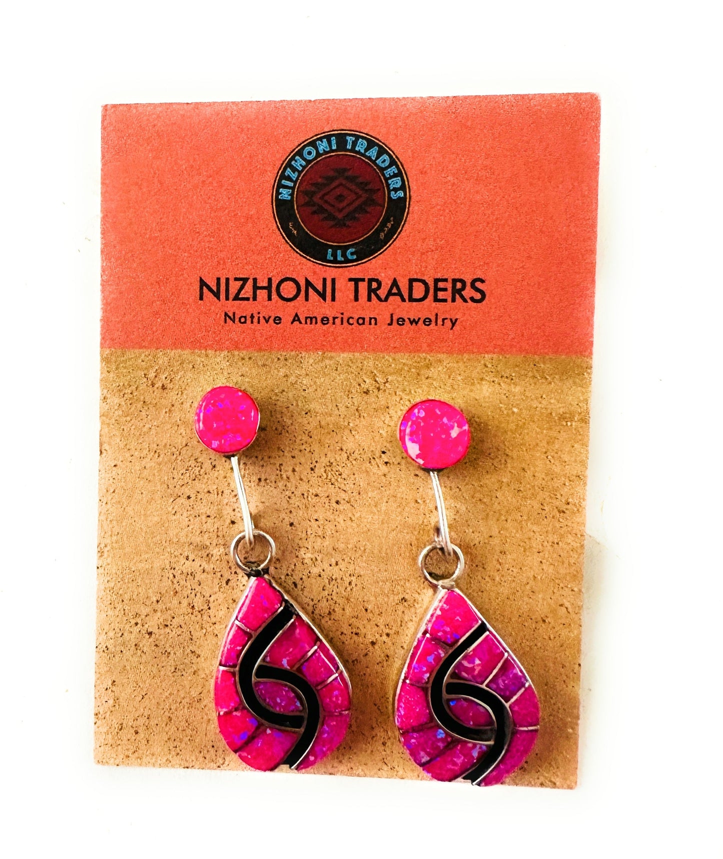 Handcrafted Pink Opal, Onyx & Sterling Silver Inlay Dangle Earrings