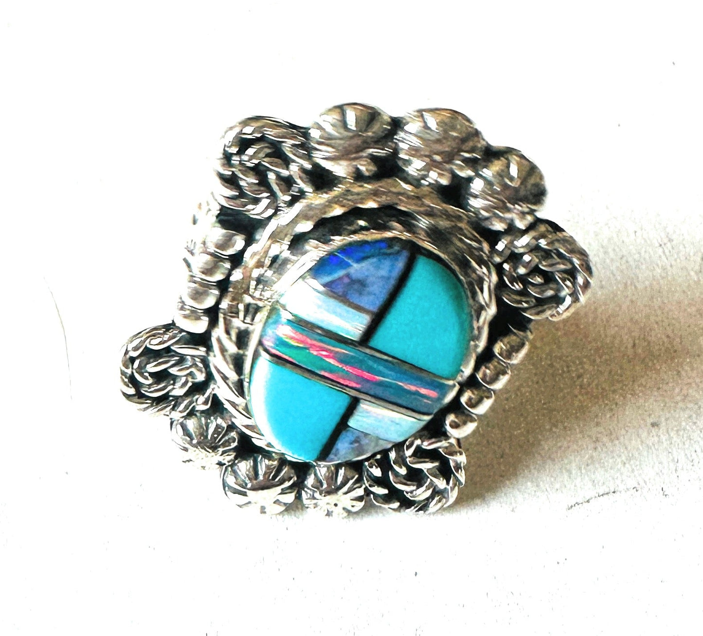 Handcrafted Sterling Silver & Multi Stone Inlay Ring Size 10
