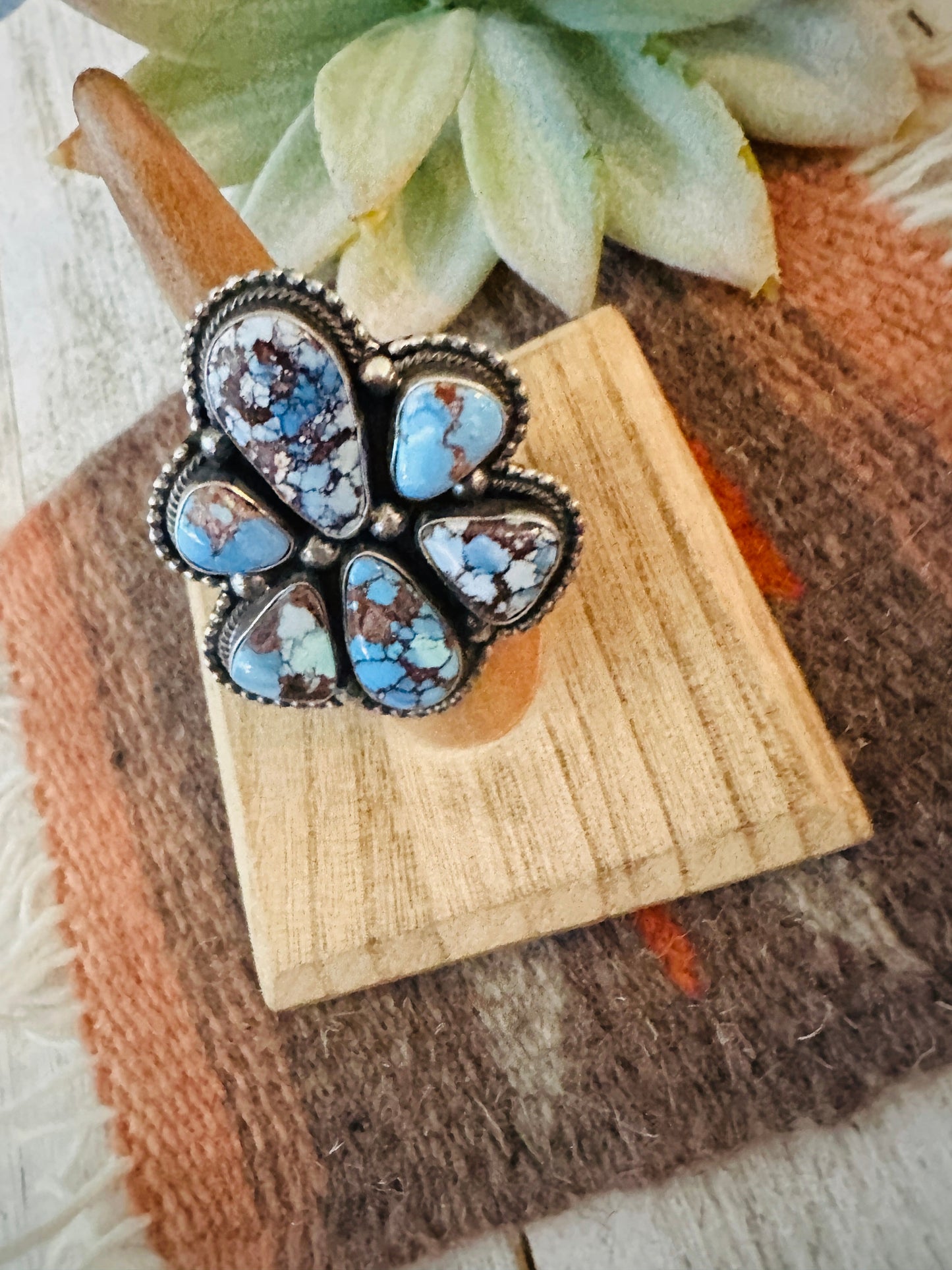 Navajo Golden Hills Turquoise & Sterling Silver Cluster Ring Size 6.5