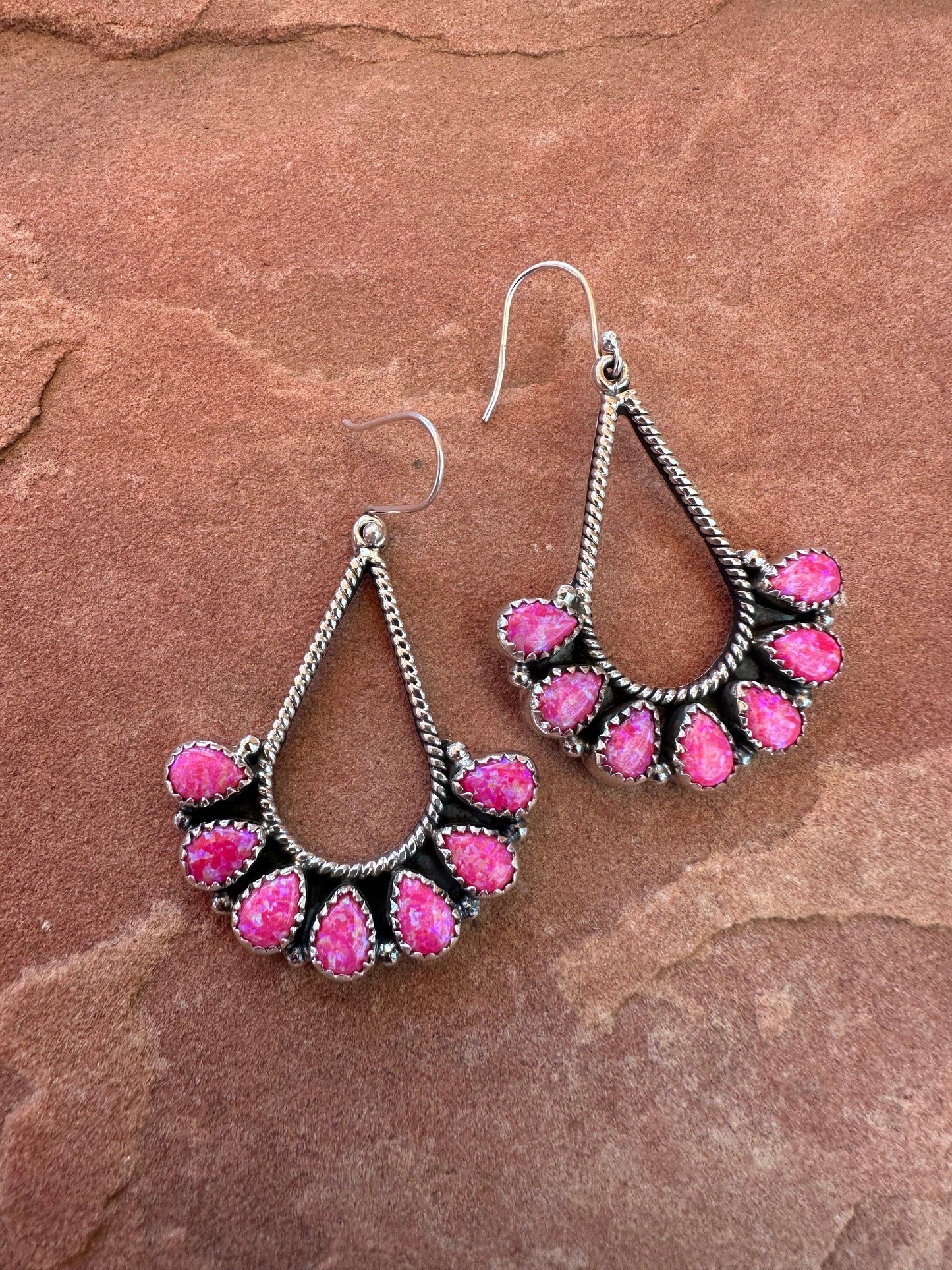 Handmade Sterling Silver & Hot Pink Fire Opal Dangle Earrings