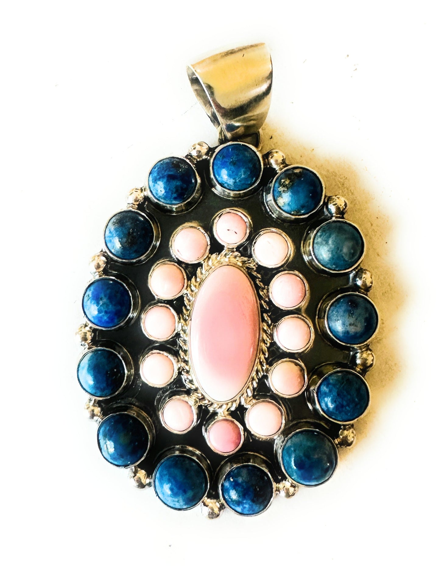 Handcrafted Queen Pink Conch, Lapis & Sterling Silver Cluster Pendant