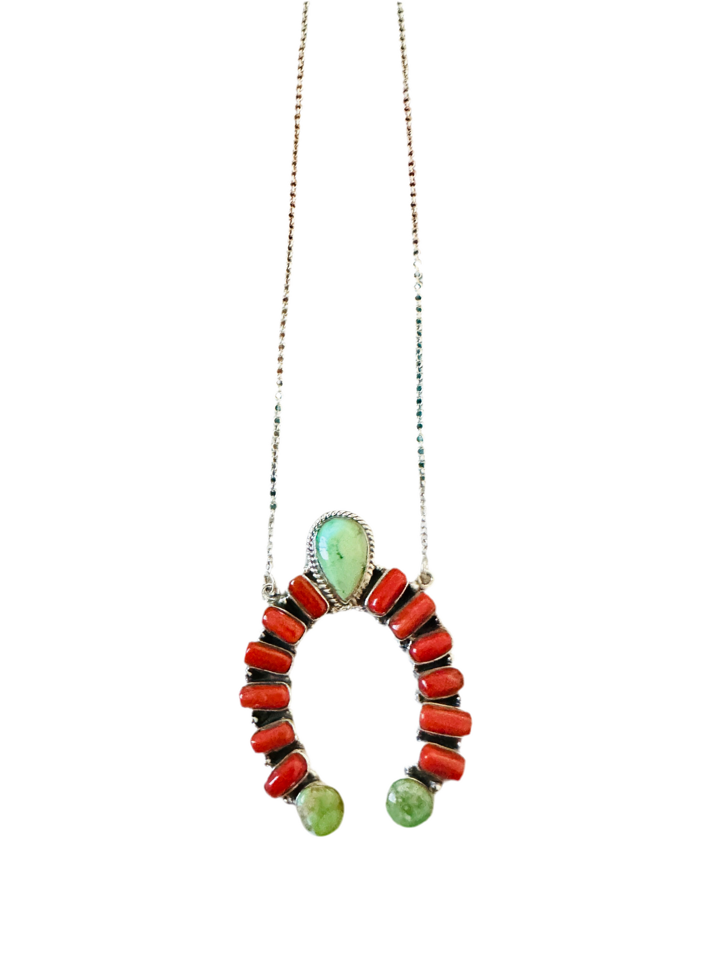 ** Christmas Collection ** Handmade Sterling Silver, Turquoise & Coral Naja Necklace Signed Nizhoni