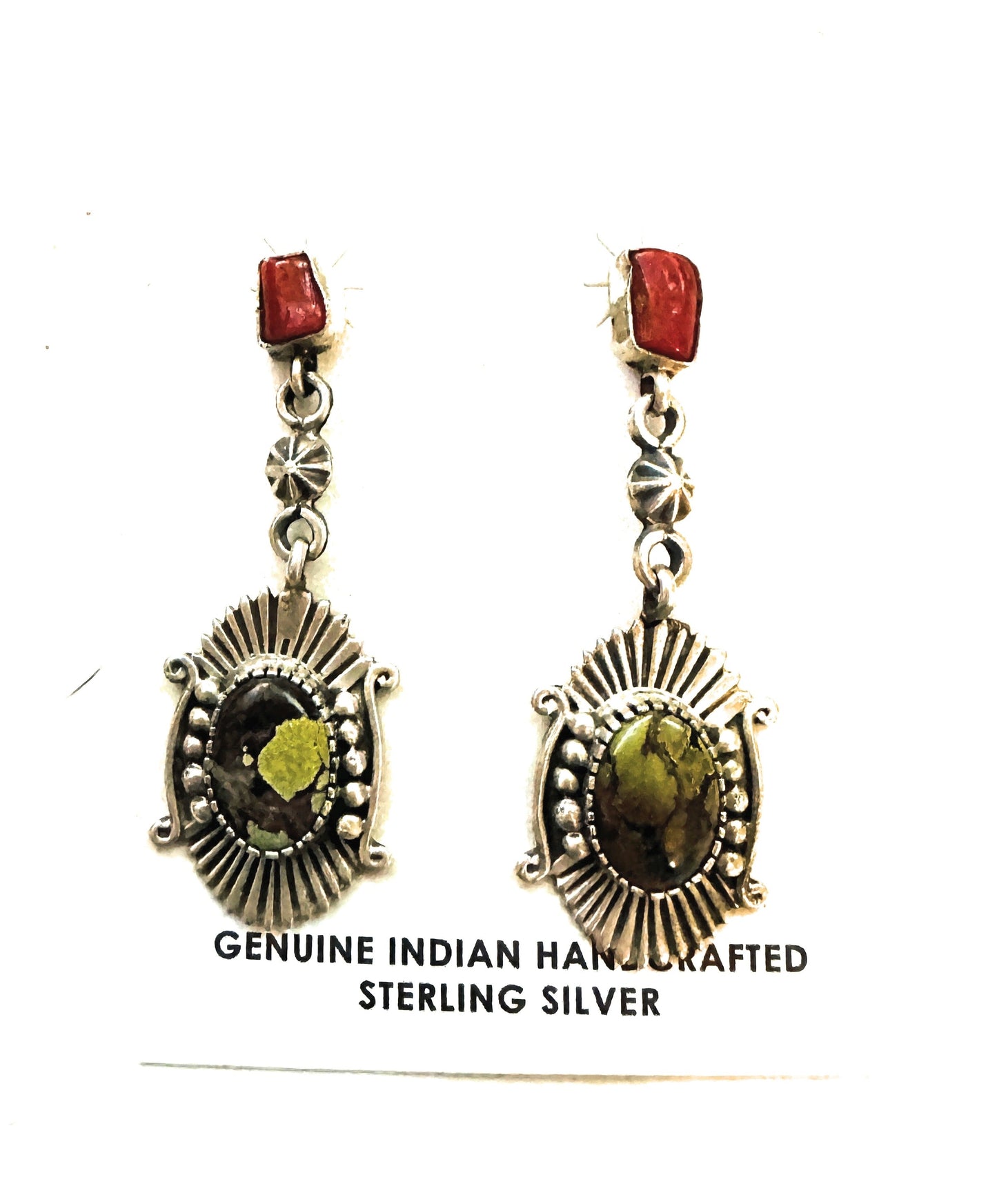 Handcrafted Tibetan Turquoise, Coral & Sterling Silver Dangle Earrings