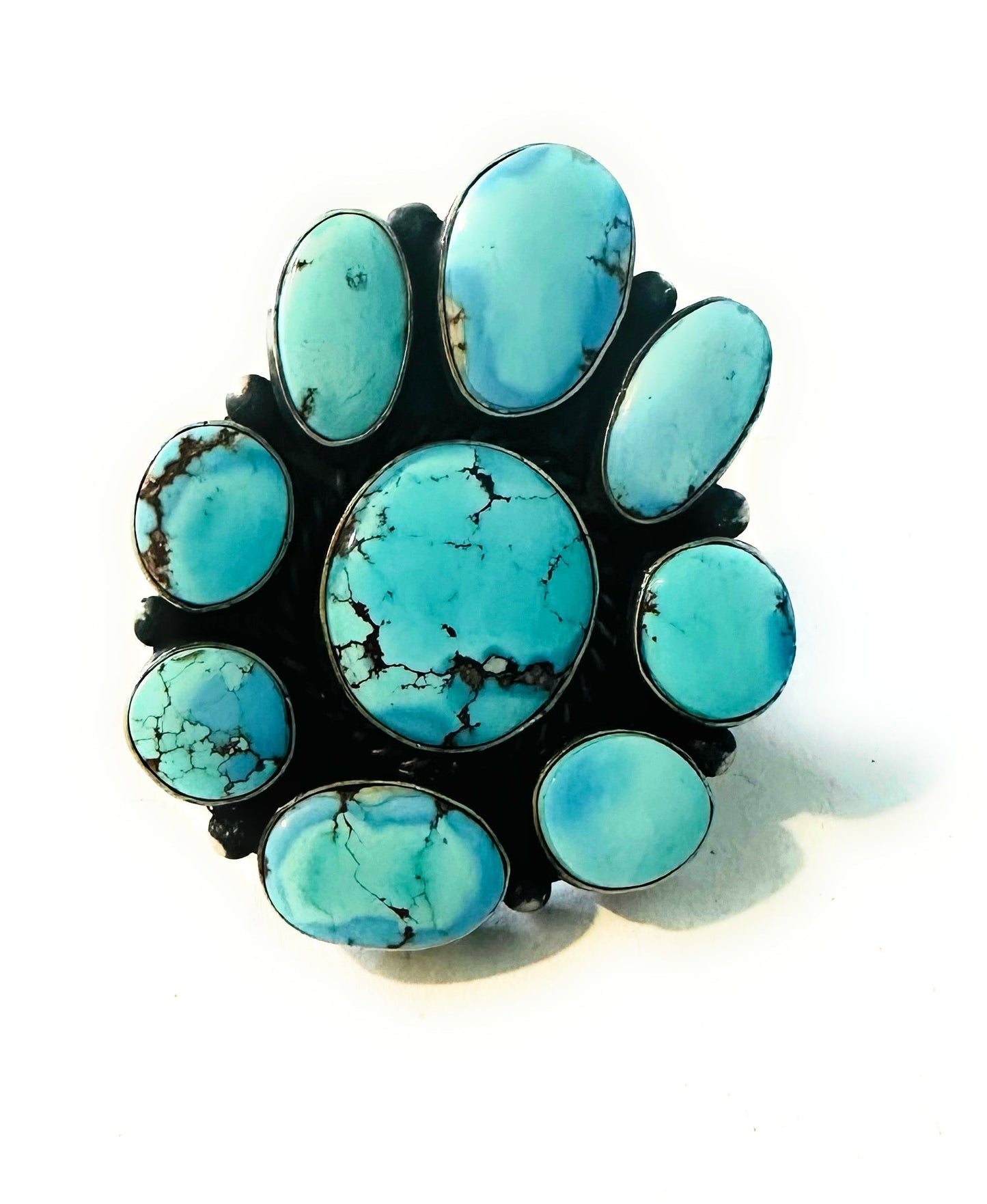 Handcrafted Golden Hills Turquoise & Sterling Silver Cluster Ring Size 8.75