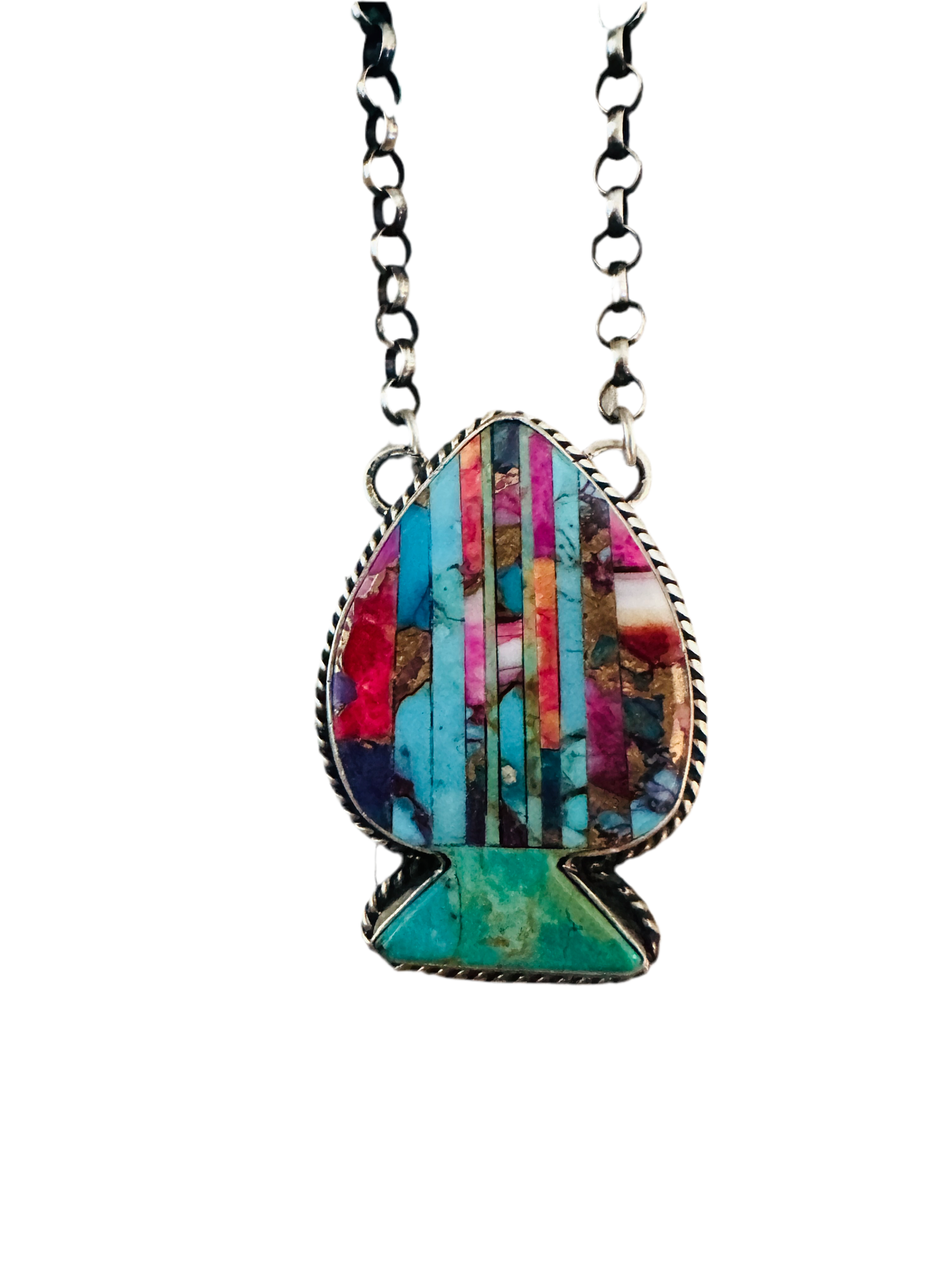Handcrafted Sterling Silver & Multi Stone Inlay Spade Necklace