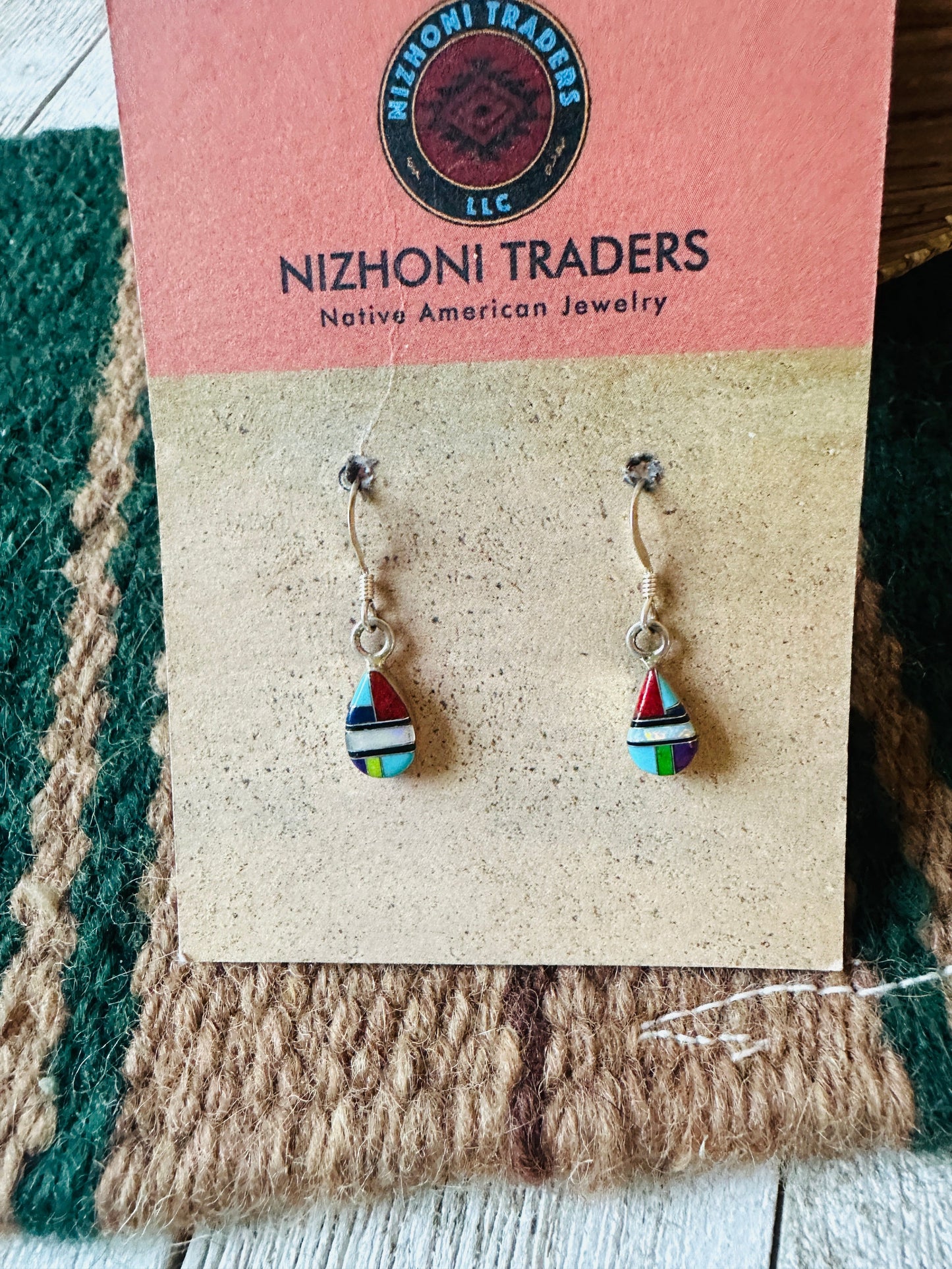 Navajo Sterling Silver & Multi Stone Teardrop Dangle Earrings