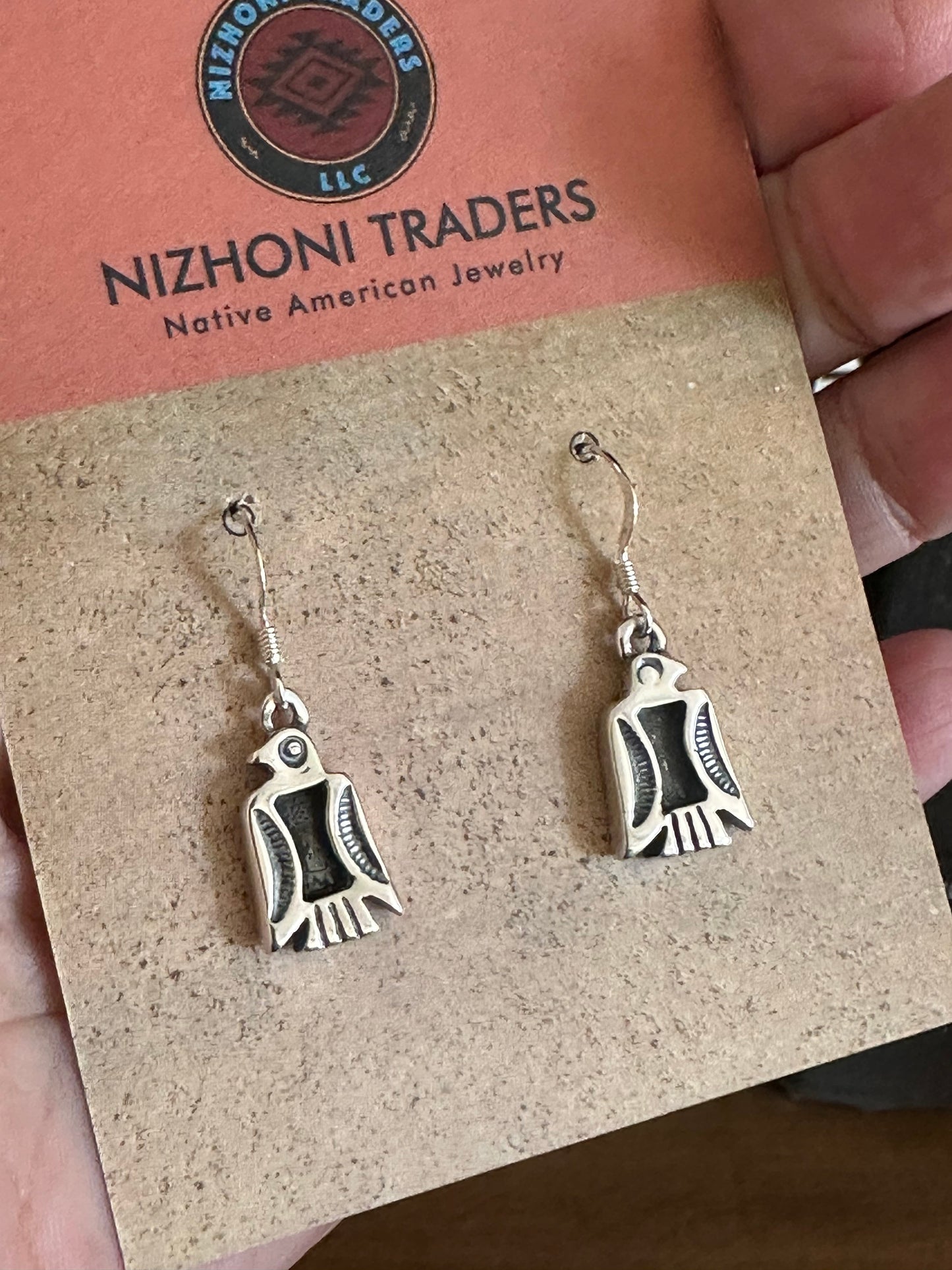 Hand Stamped Sterling Silver Thunderbird Dangle Earrings