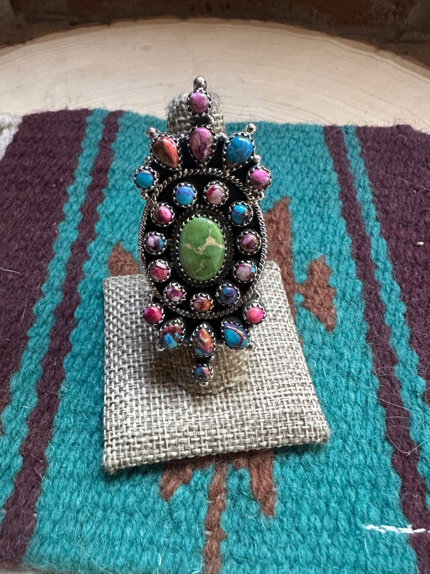 Handmade Sonoran Turquoise, Pink Dream & Sterling Silver Adjustable Ring Signed Nizhoni