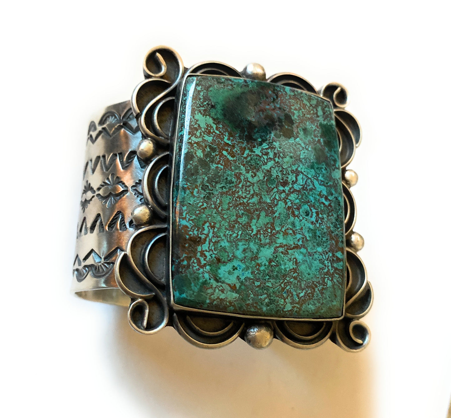 Handcrafted Tibetan Turquoise & Sterling Silver Cuff Bracelet Signed